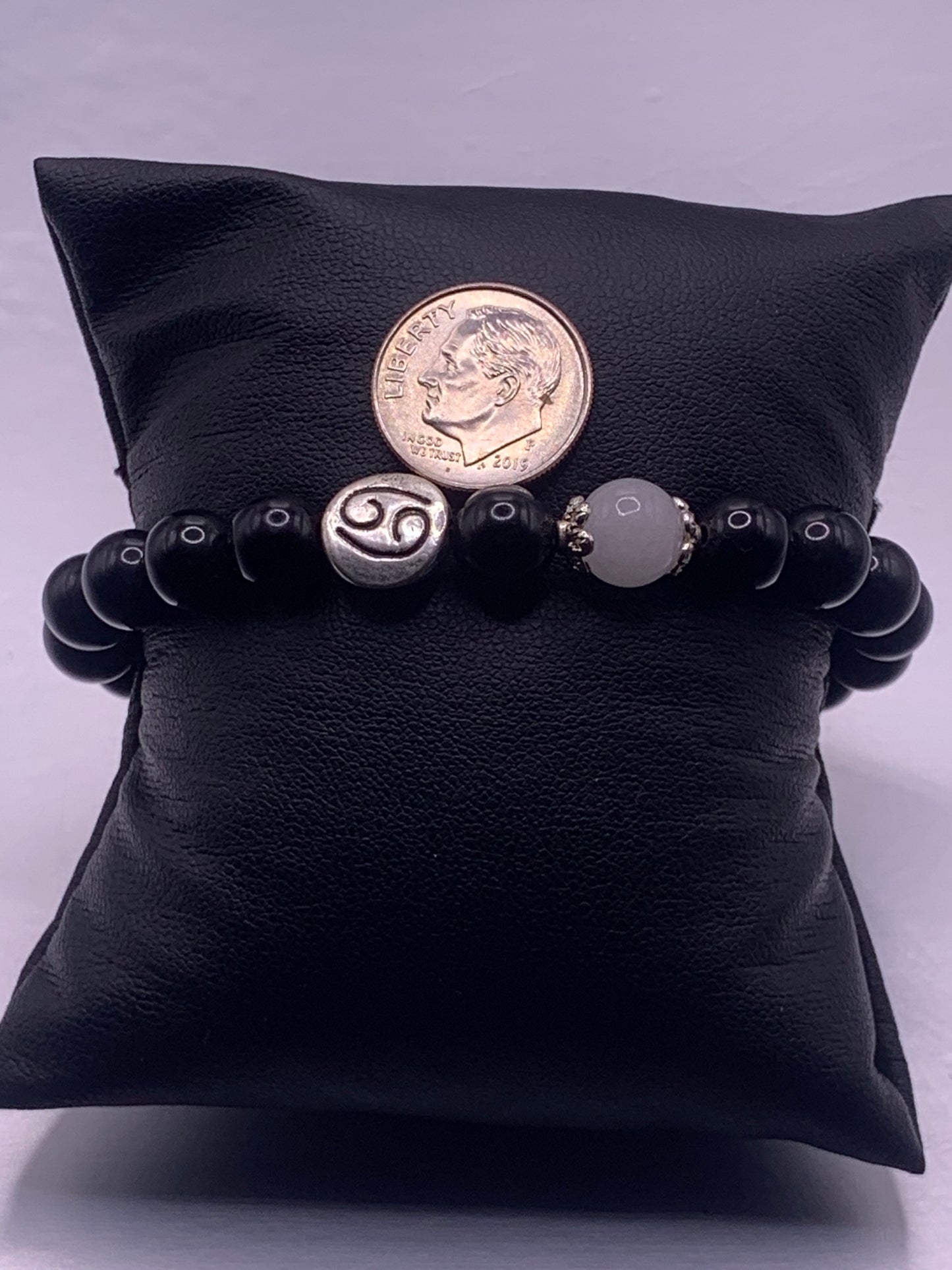 Cancer Zodiac black obsidian with white chalcedony semi precious stone/crystal elastic beaded bracelet with silver accents