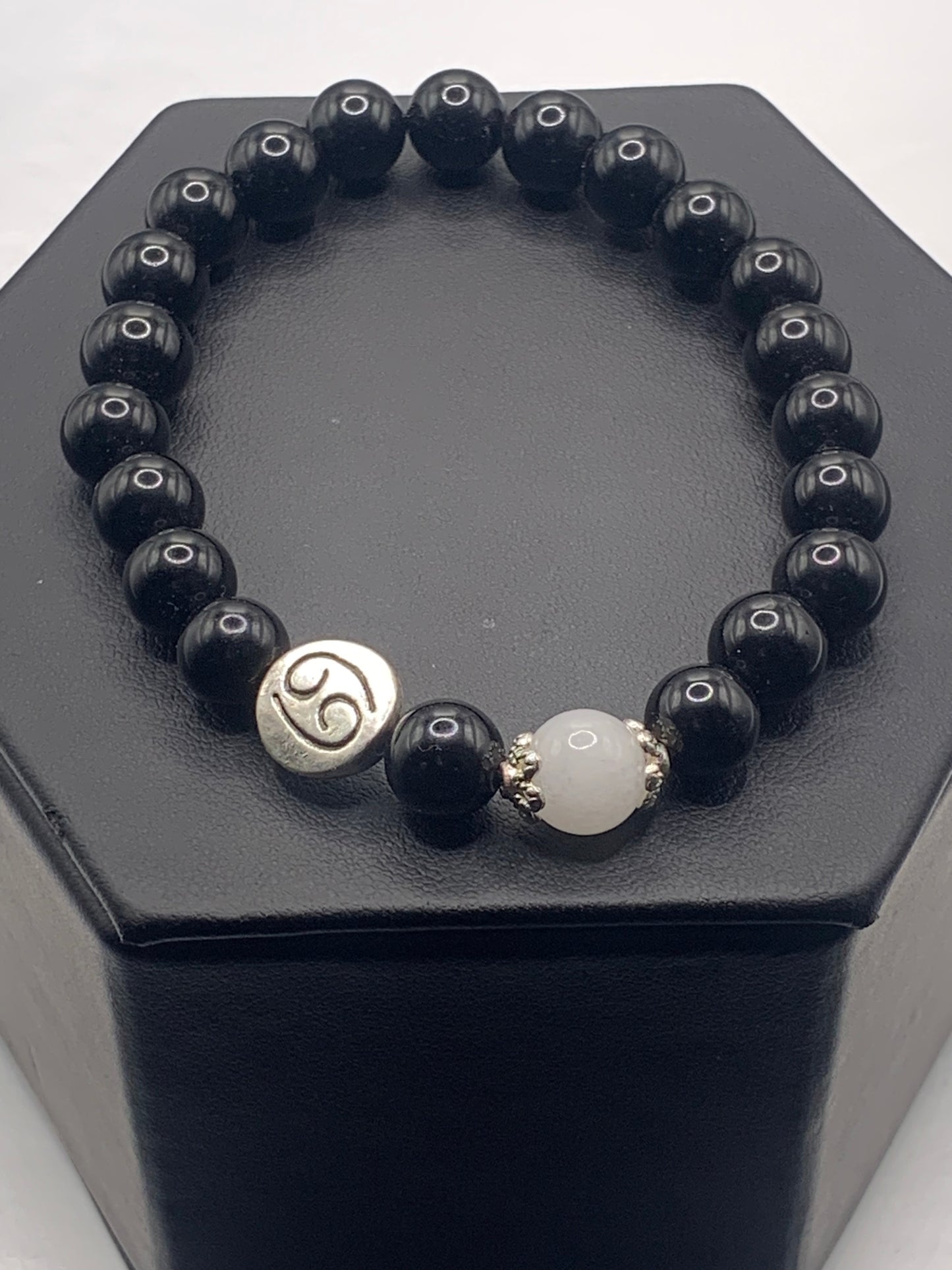 Cancer Zodiac black obsidian with white chalcedony semi precious stone/crystal elastic beaded bracelet with silver accents