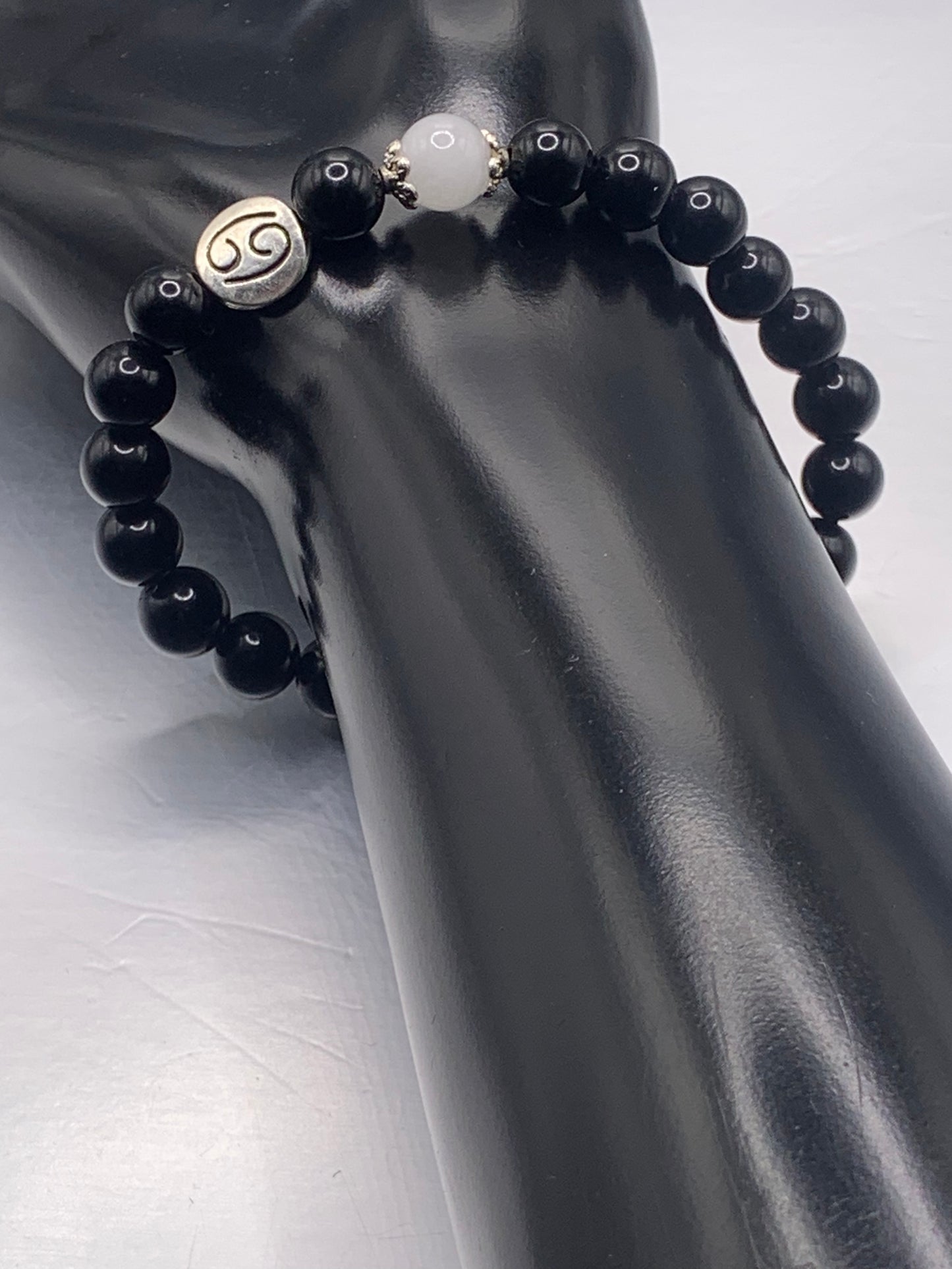Cancer Zodiac black obsidian with white chalcedony semi precious stone/crystal elastic beaded bracelet with silver accents