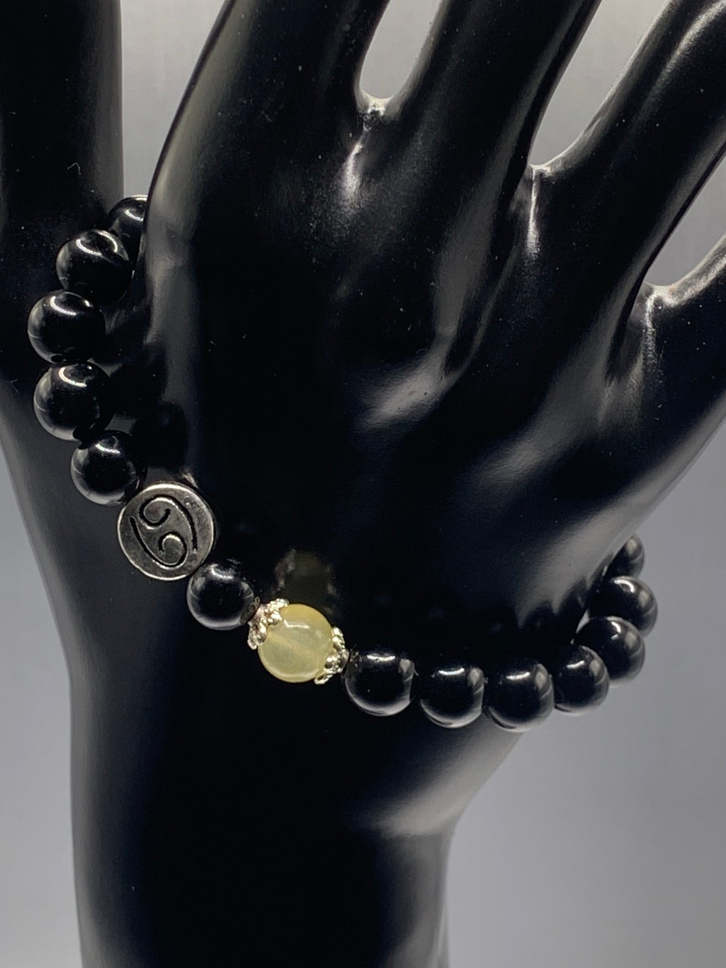 Cancer Zodiac black obsidian with yellow agate semi precious stone/crystal elastic beaded bracelet with silver accents