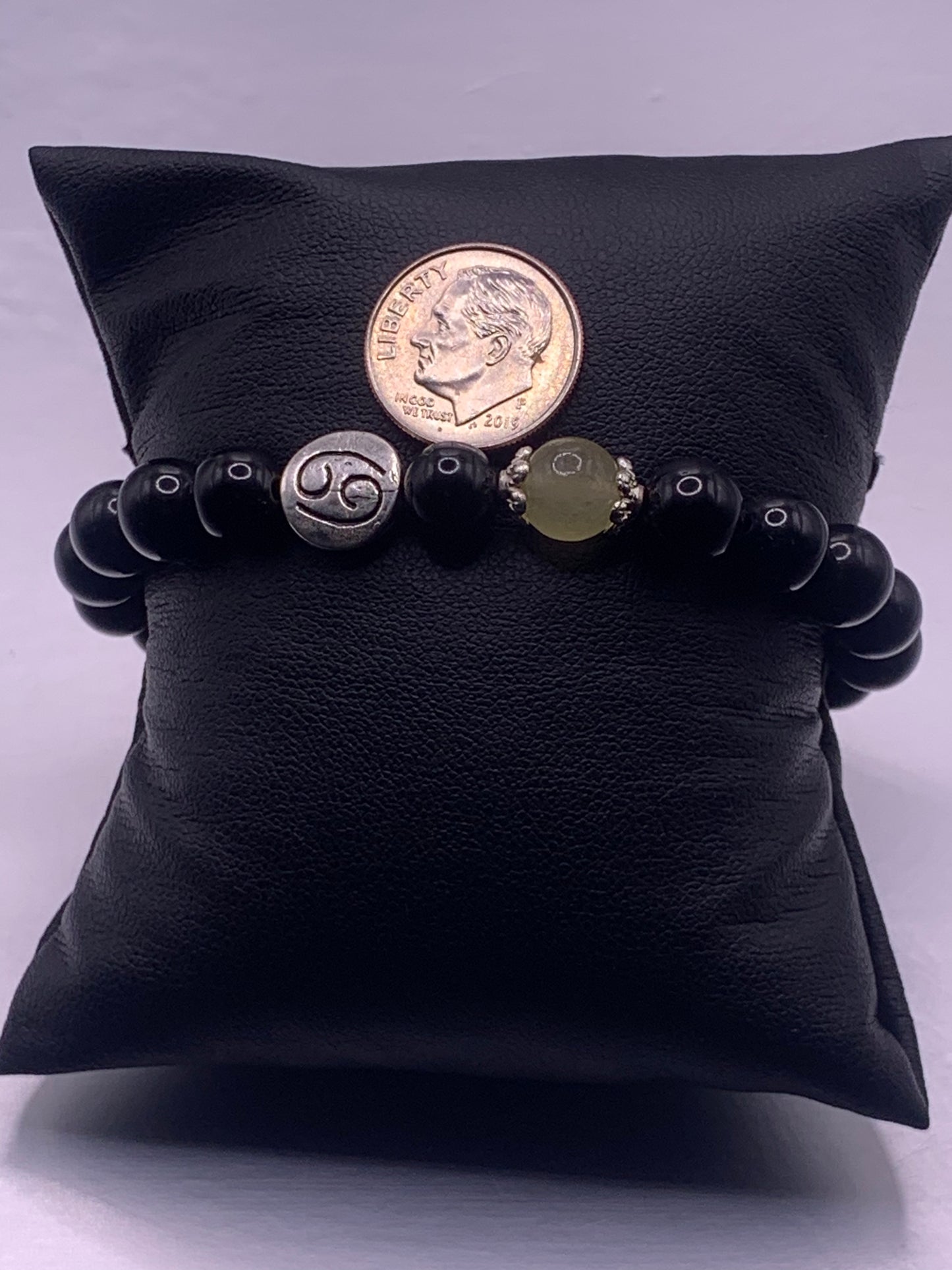 Cancer Zodiac black obsidian with yellow agate semi precious stone/crystal elastic beaded bracelet with silver accents