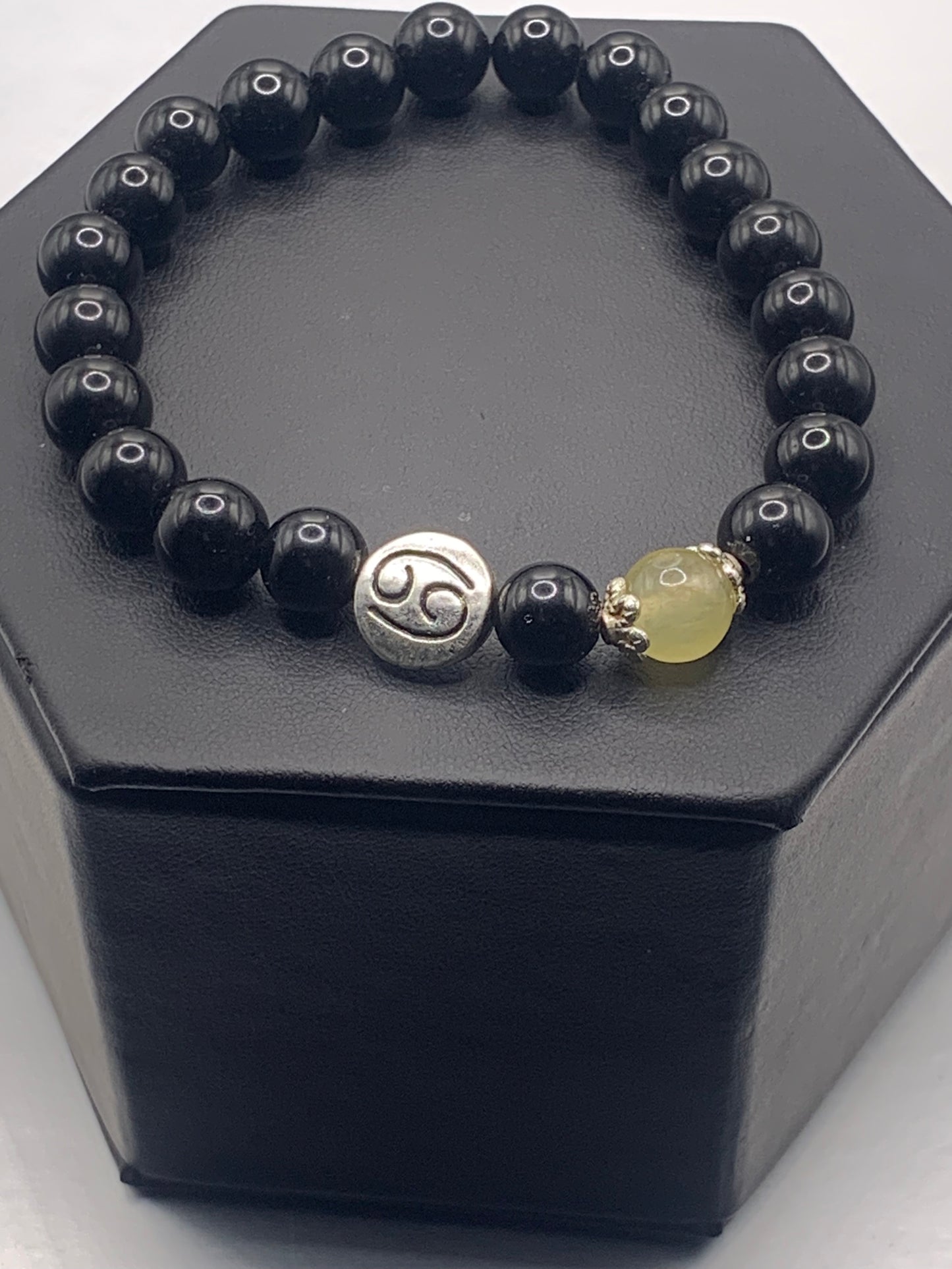 Cancer Zodiac black obsidian with yellow agate semi precious stone/crystal elastic beaded bracelet with silver accents