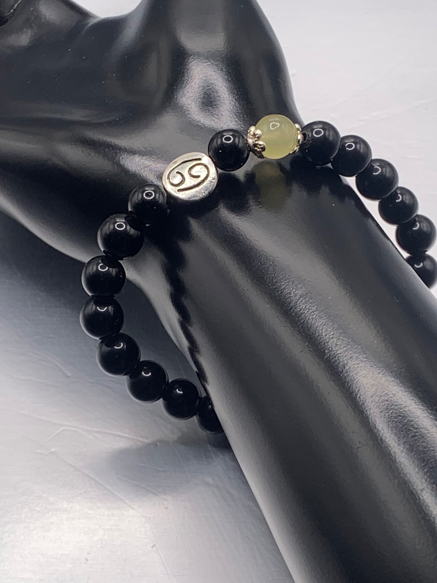Cancer Zodiac black obsidian with yellow agate semi precious stone/crystal elastic beaded bracelet with silver accents
