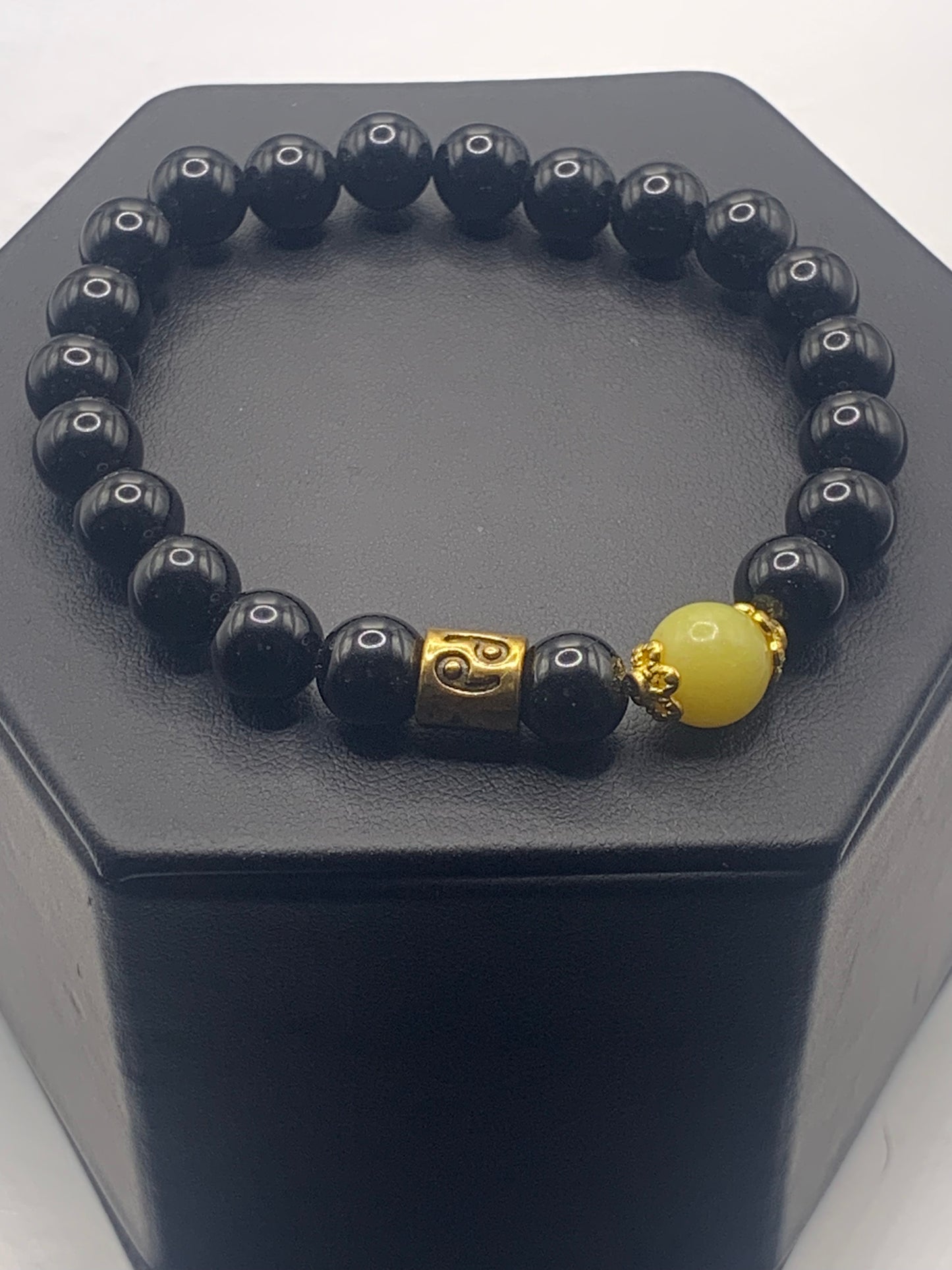 Cancer Zodiac black obsidian with yellow jade semi precious stone/crystal elastic beaded bracelet with gold accents