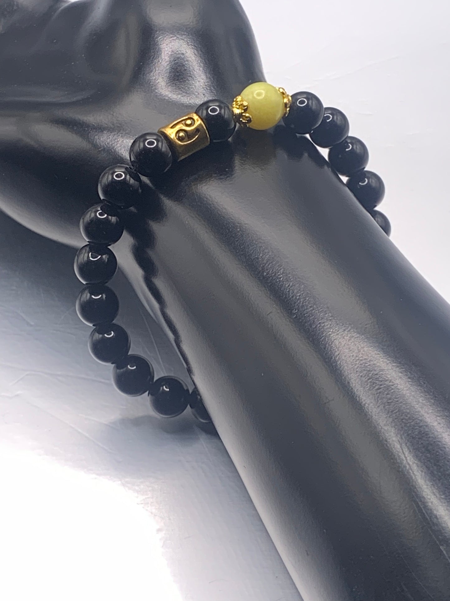 Cancer Zodiac black obsidian with yellow jade semi precious stone/crystal elastic beaded bracelet with gold accents