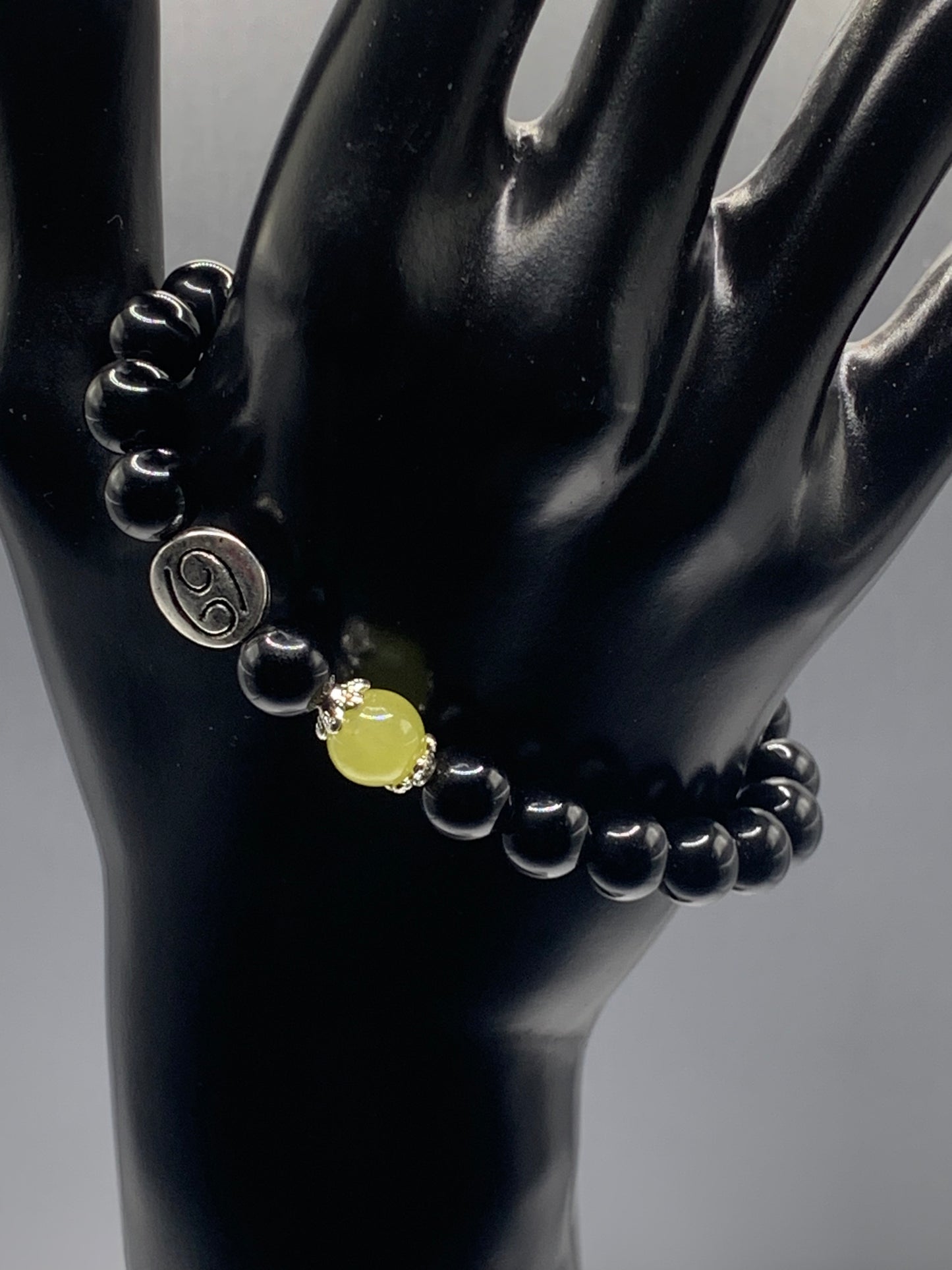 Cancer Zodiac black obsidian with apple agate semi precious stone/crystal elastic beaded bracelet with silver accents