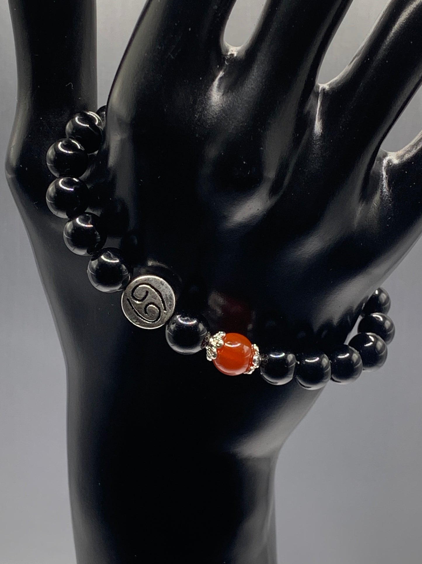 Cancer Zodiac black obsidian with red agate semi precious stone/crystal elastic beaded bracelet with silver accents