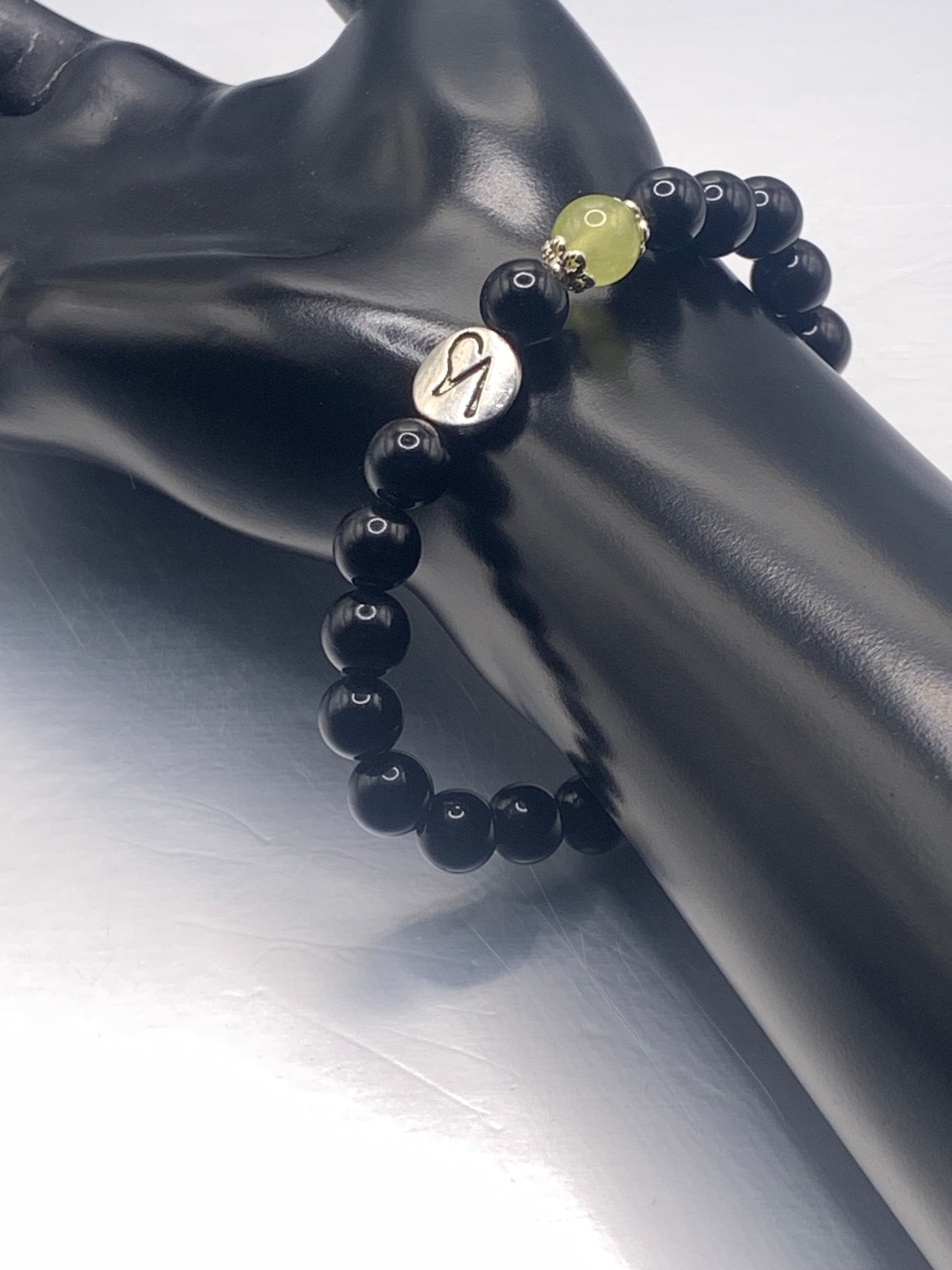 Capricorn Zodiac black obsidian with apple agate elastic beaded bracelet with silver accents