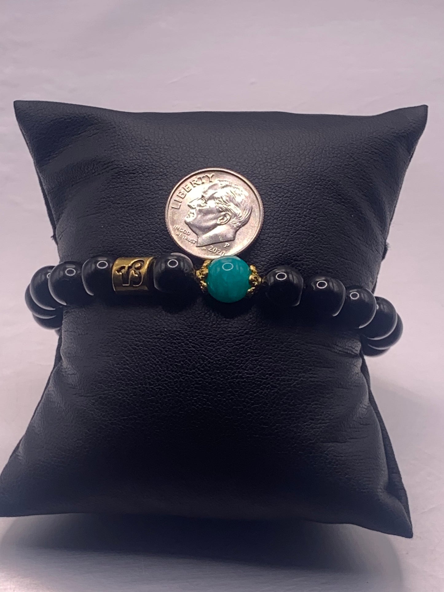 Capricorn Zodiac black obsidian with aquamarine chalcedony elastic beaded bracelet with gold accents