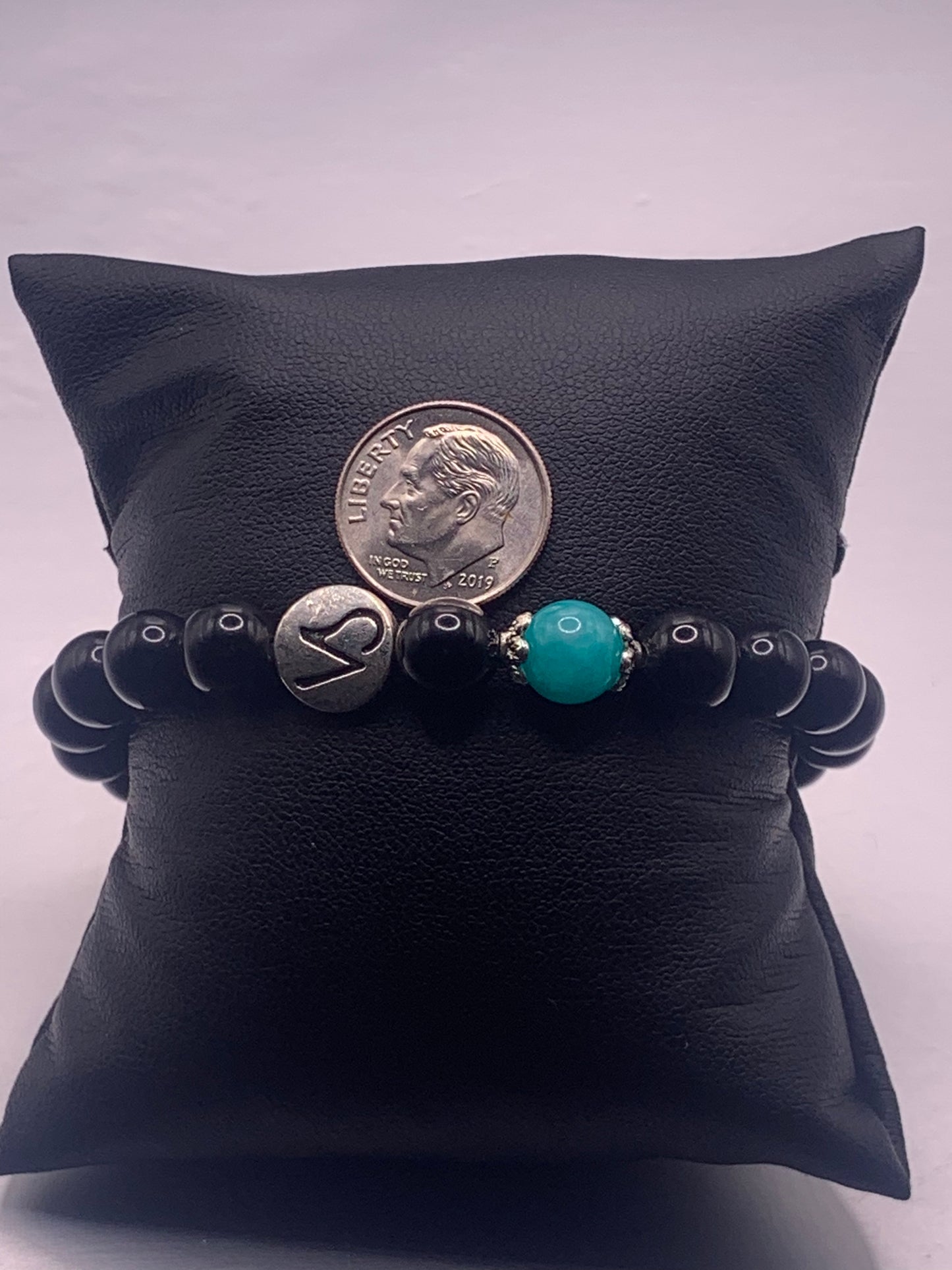 Capricorn Zodiac black obsidian with aquamarine chalcedony elastic beaded bracelet with silver accents