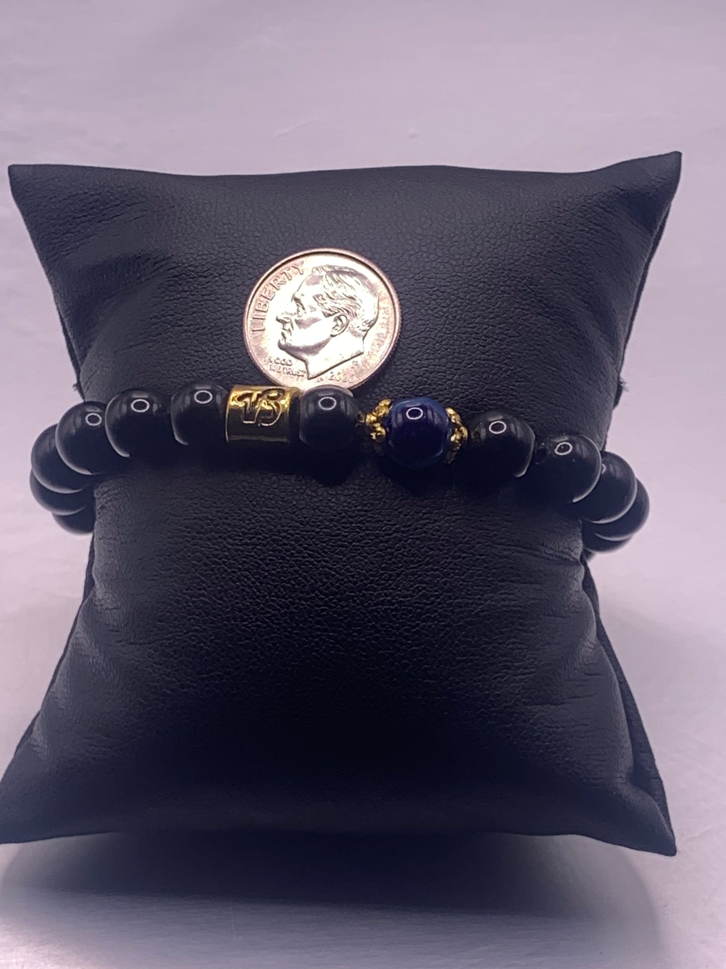 Capricorn Zodiac black obsidian with blue lace agate elastic beaded bracelet with gold accents