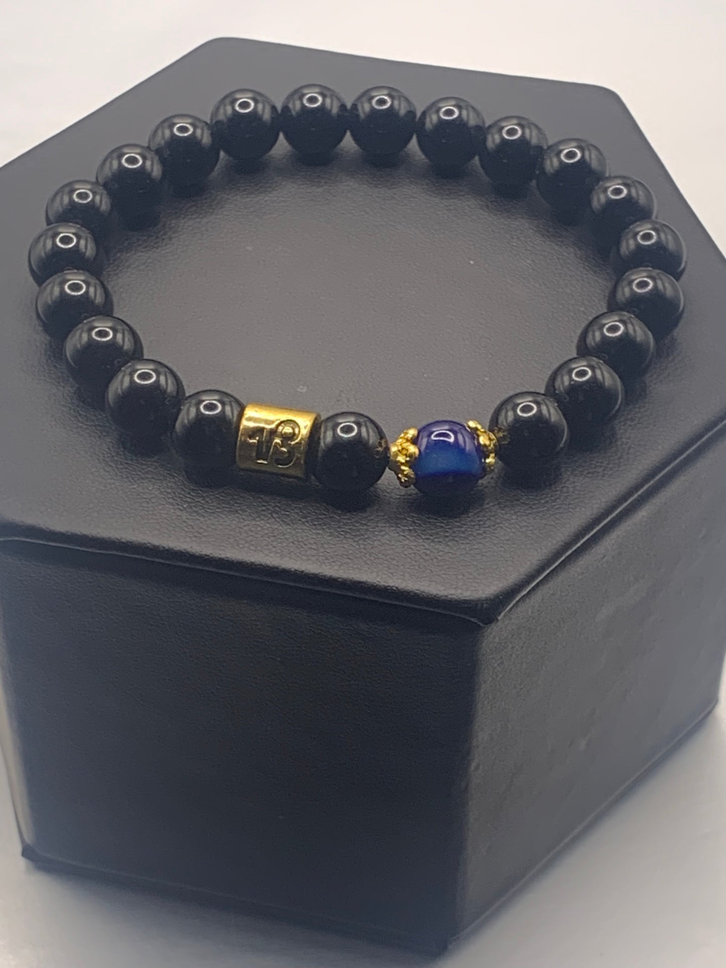 Capricorn Zodiac black obsidian with blue lace agate elastic beaded bracelet with gold accents