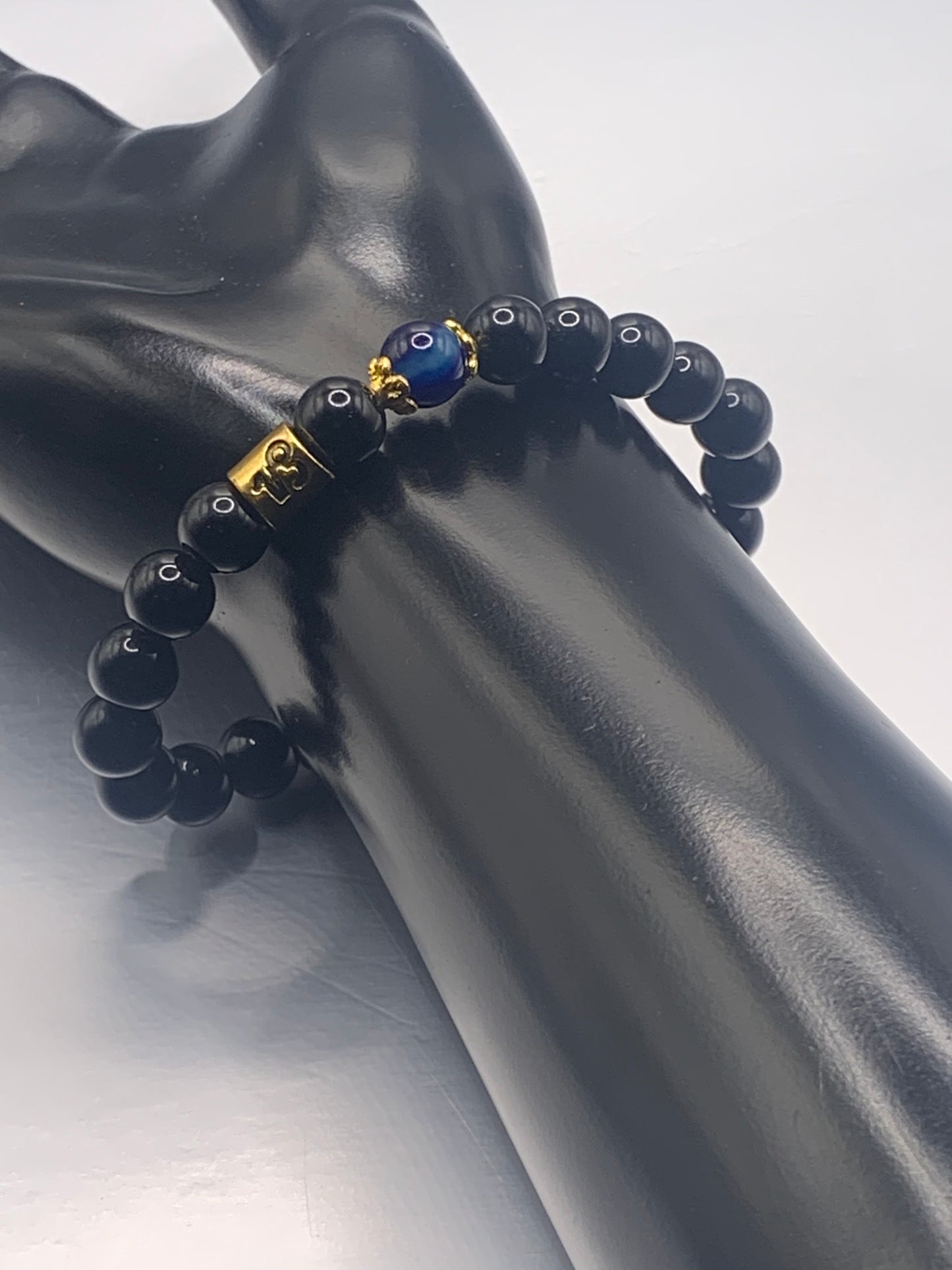 Capricorn Zodiac black obsidian with blue lace agate elastic beaded bracelet with gold accents