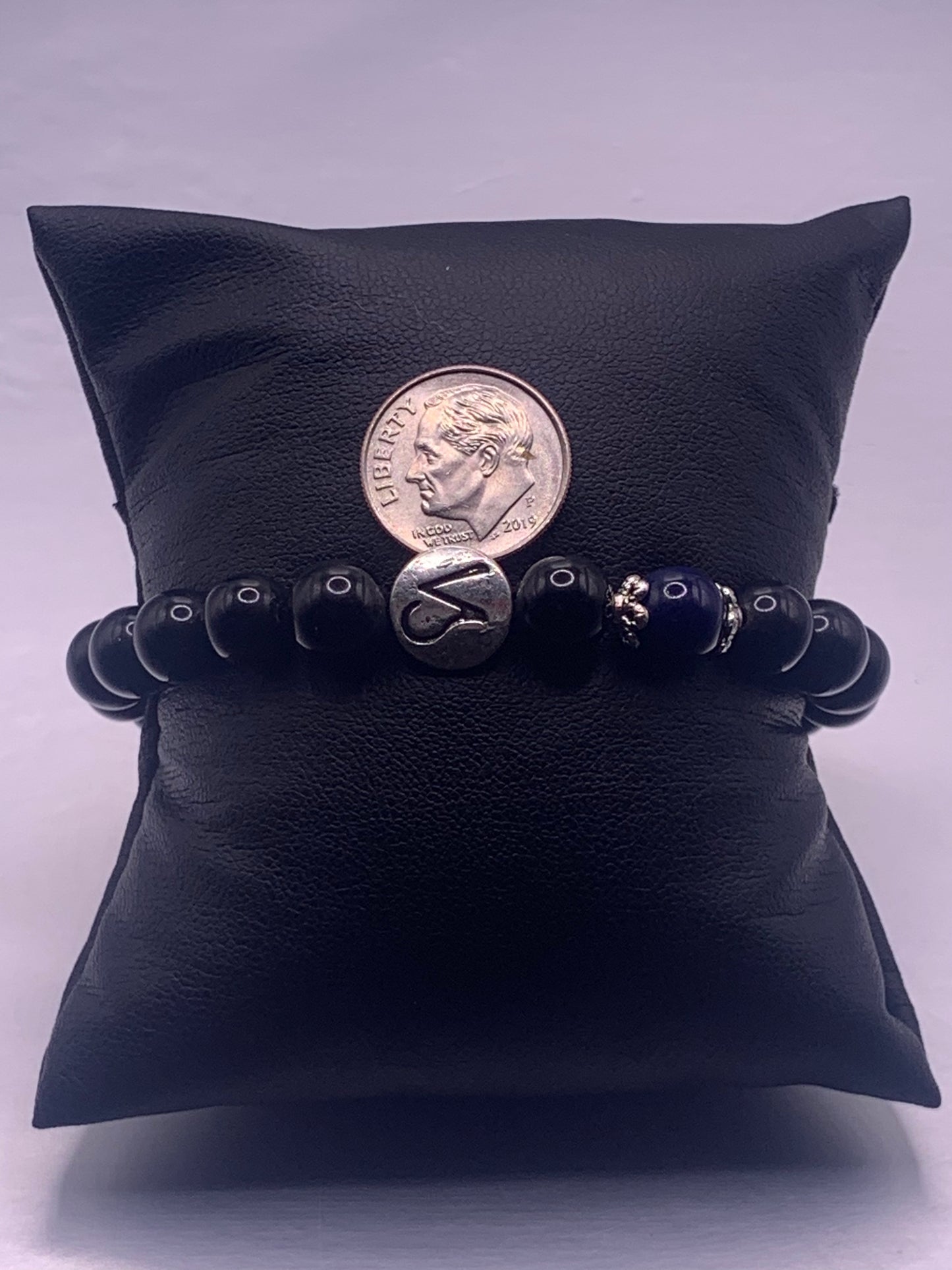 Capricorn Zodiac black obsidian with blue lace agate elastic beaded bracelet with silver accents
