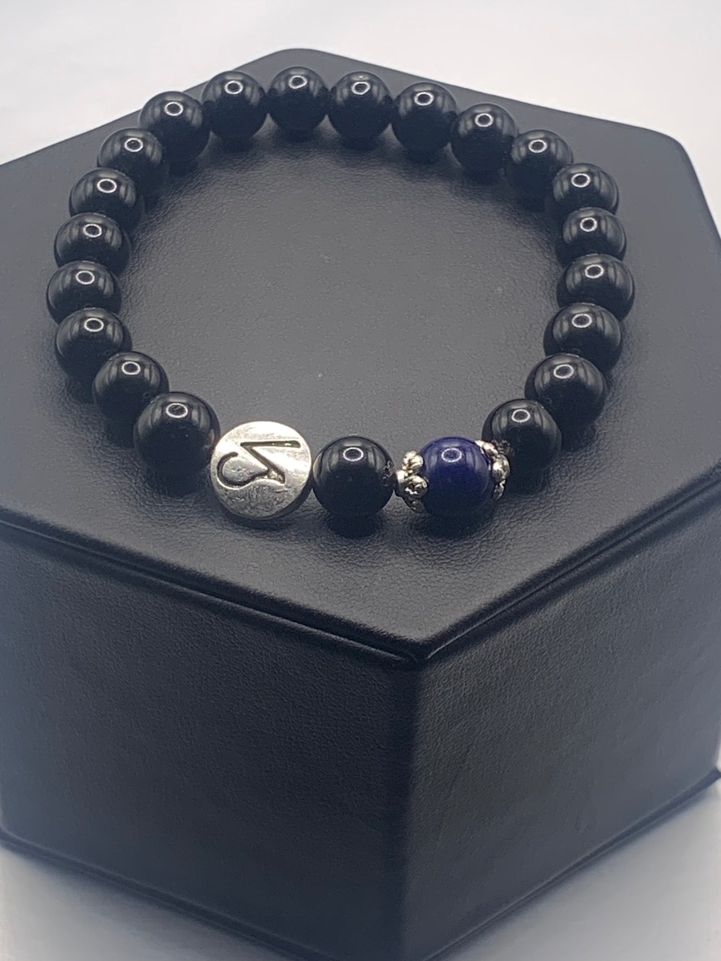 Capricorn Zodiac black obsidian with blue lace agate elastic beaded bracelet with silver accents