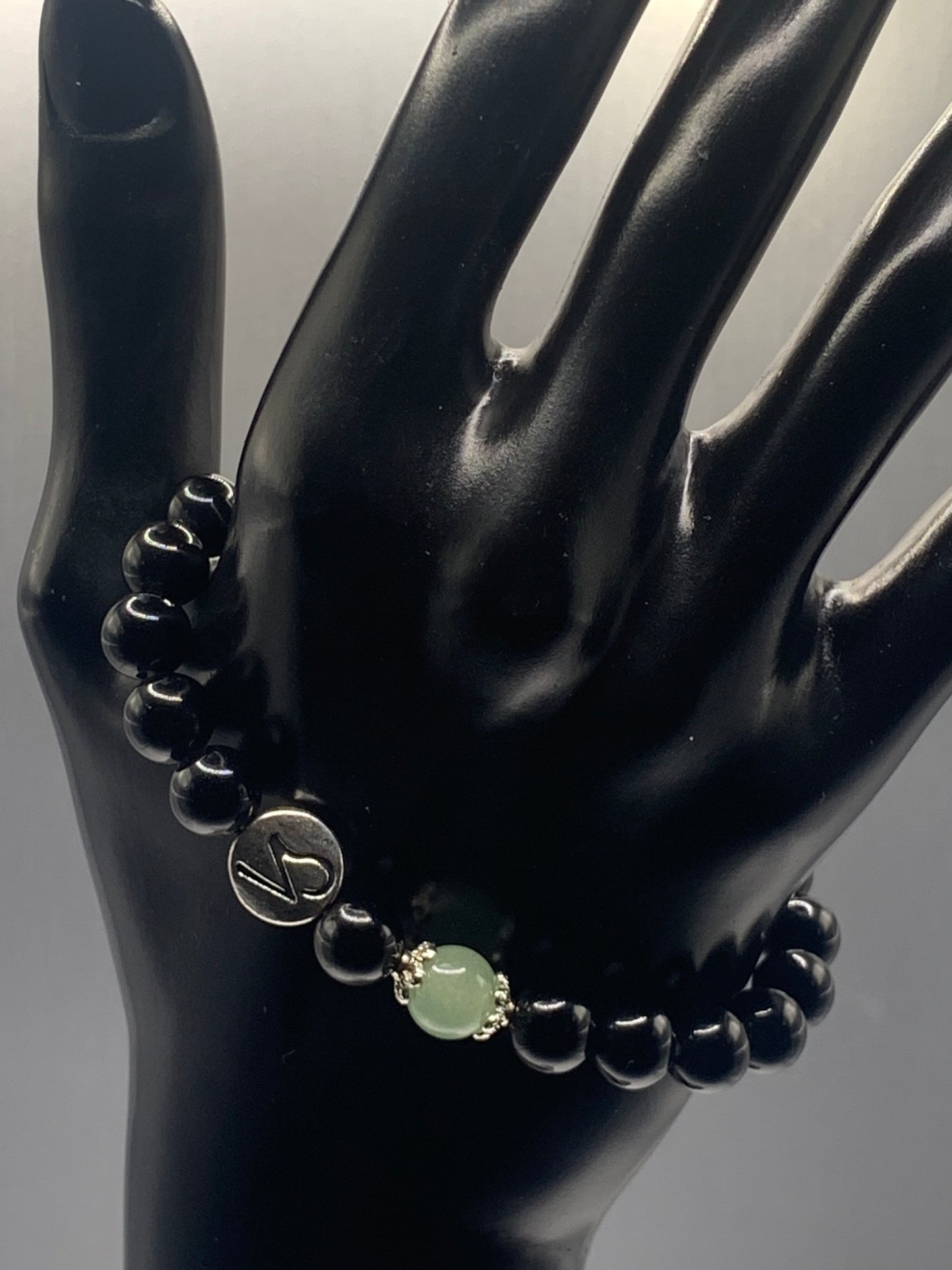 Capricorn Zodiac black obsidian with green aventurine elastic beaded bracelet with silver accents