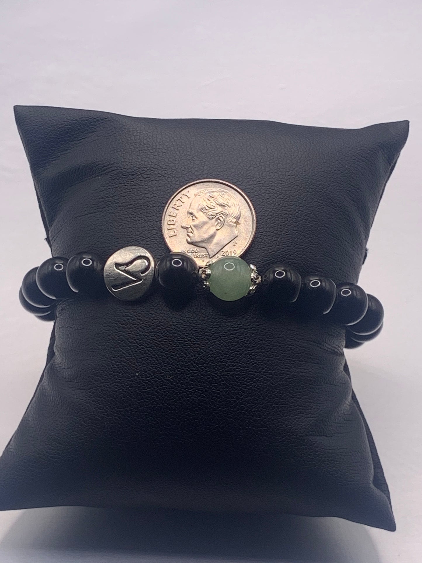 Capricorn Zodiac black obsidian with green aventurine elastic beaded bracelet with silver accents