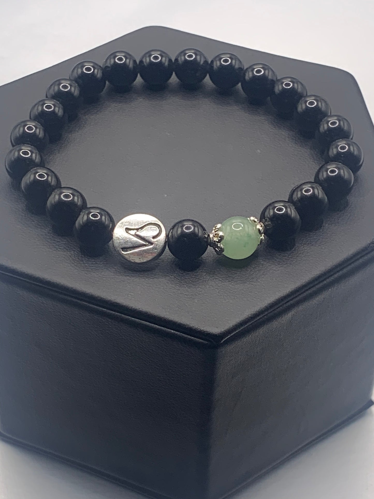 Capricorn Zodiac black obsidian with green aventurine elastic beaded bracelet with silver accents