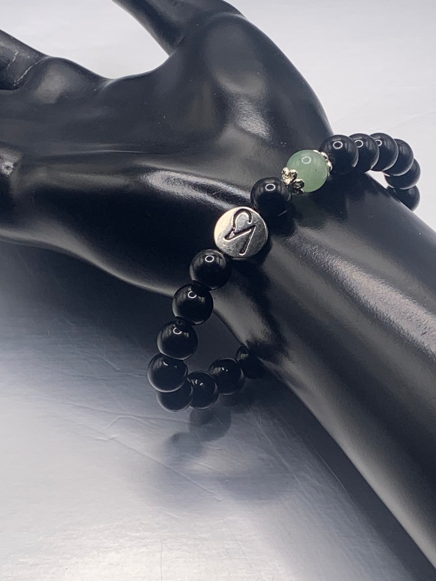 Capricorn Zodiac black obsidian with green aventurine elastic beaded bracelet with silver accents