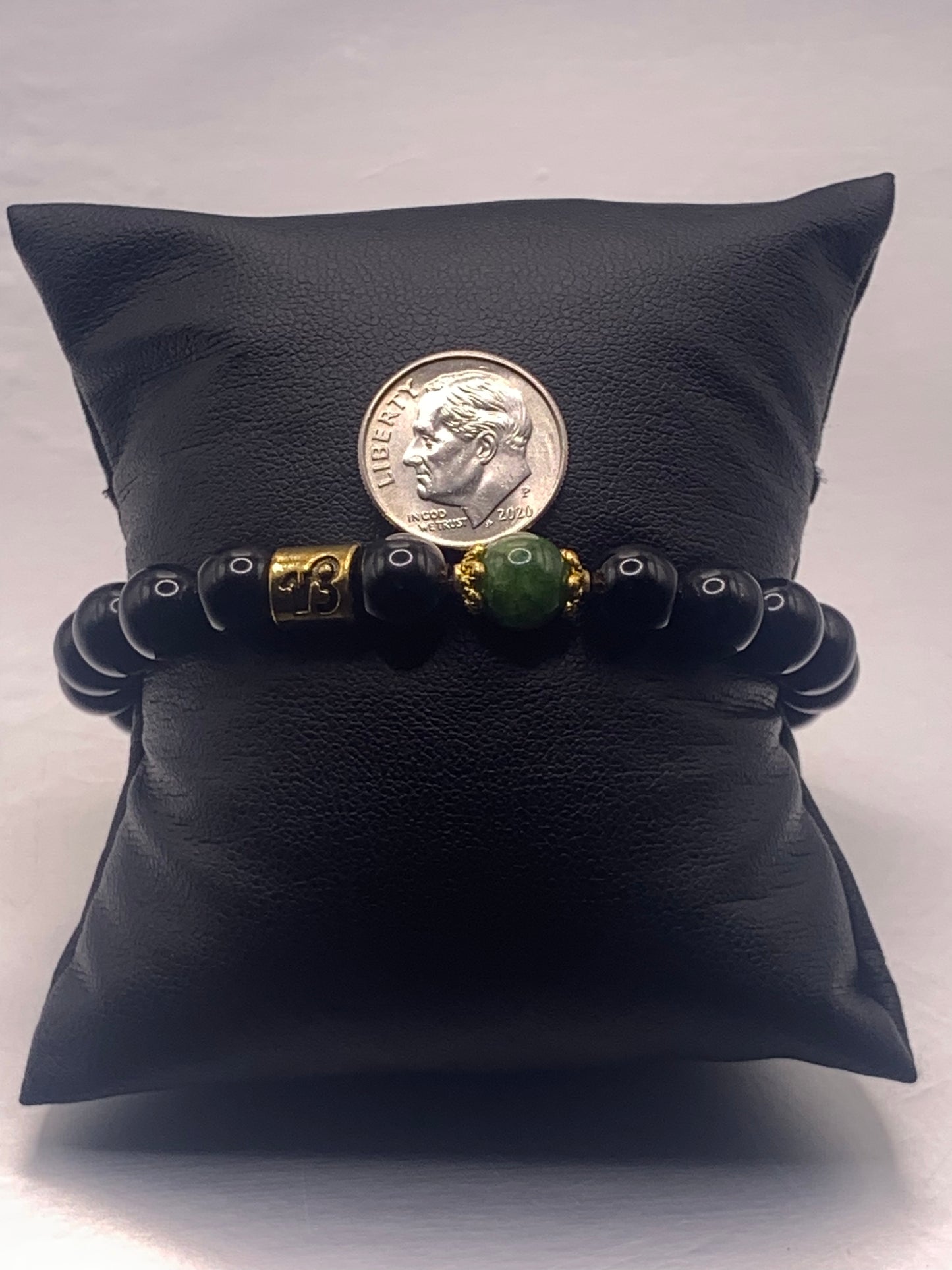 Capricorn Zodiac black obsidian with green tourmaline elastic beaded bracelet with gold accents