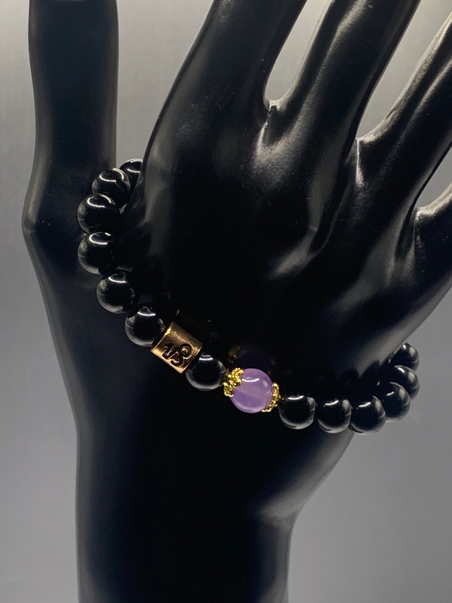 Capricorn Zodiac black obsidian with lavender agate elastic beaded bracelet with gold accents