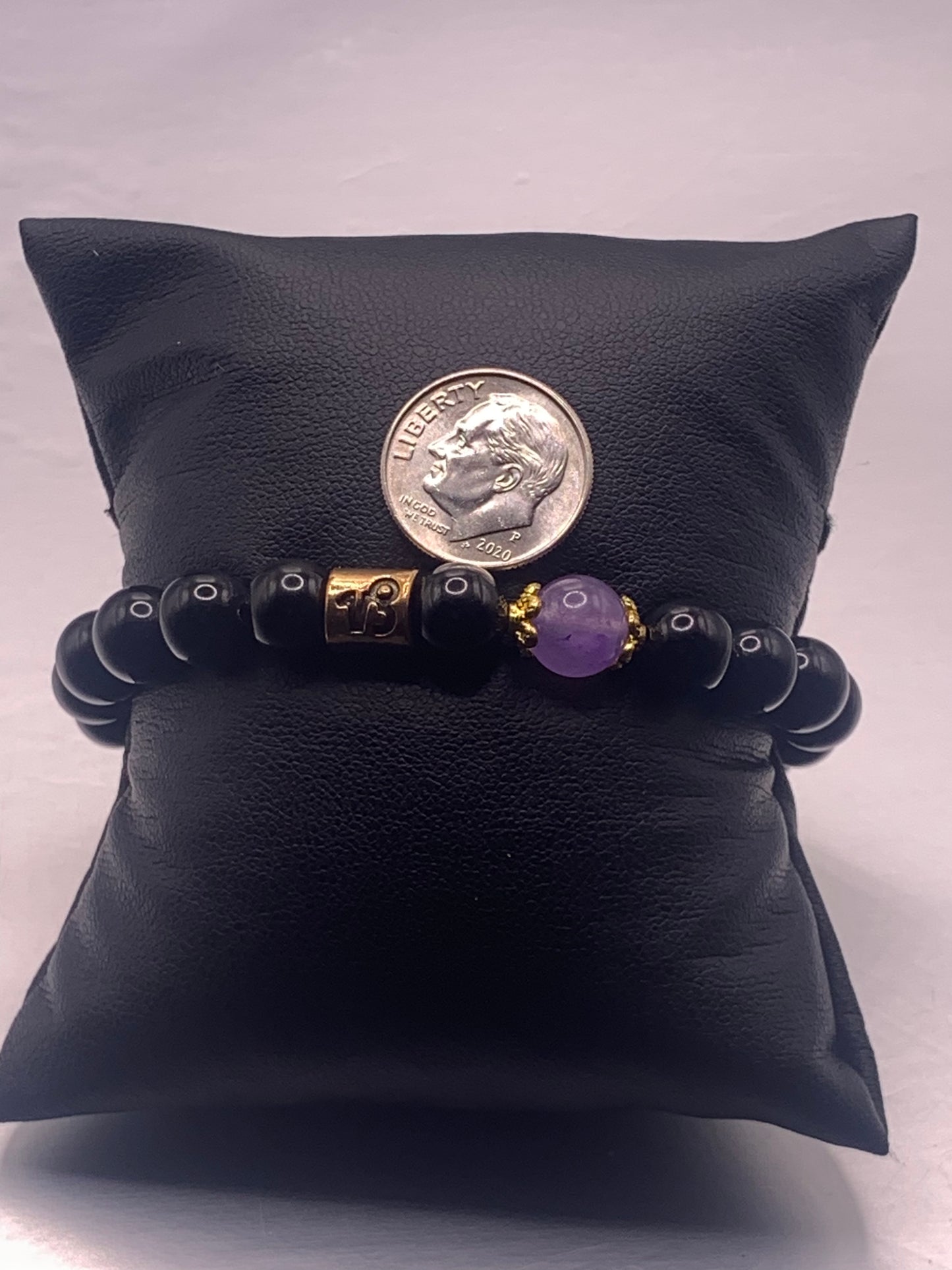 Capricorn Zodiac black obsidian with lavender agate elastic beaded bracelet with gold accents