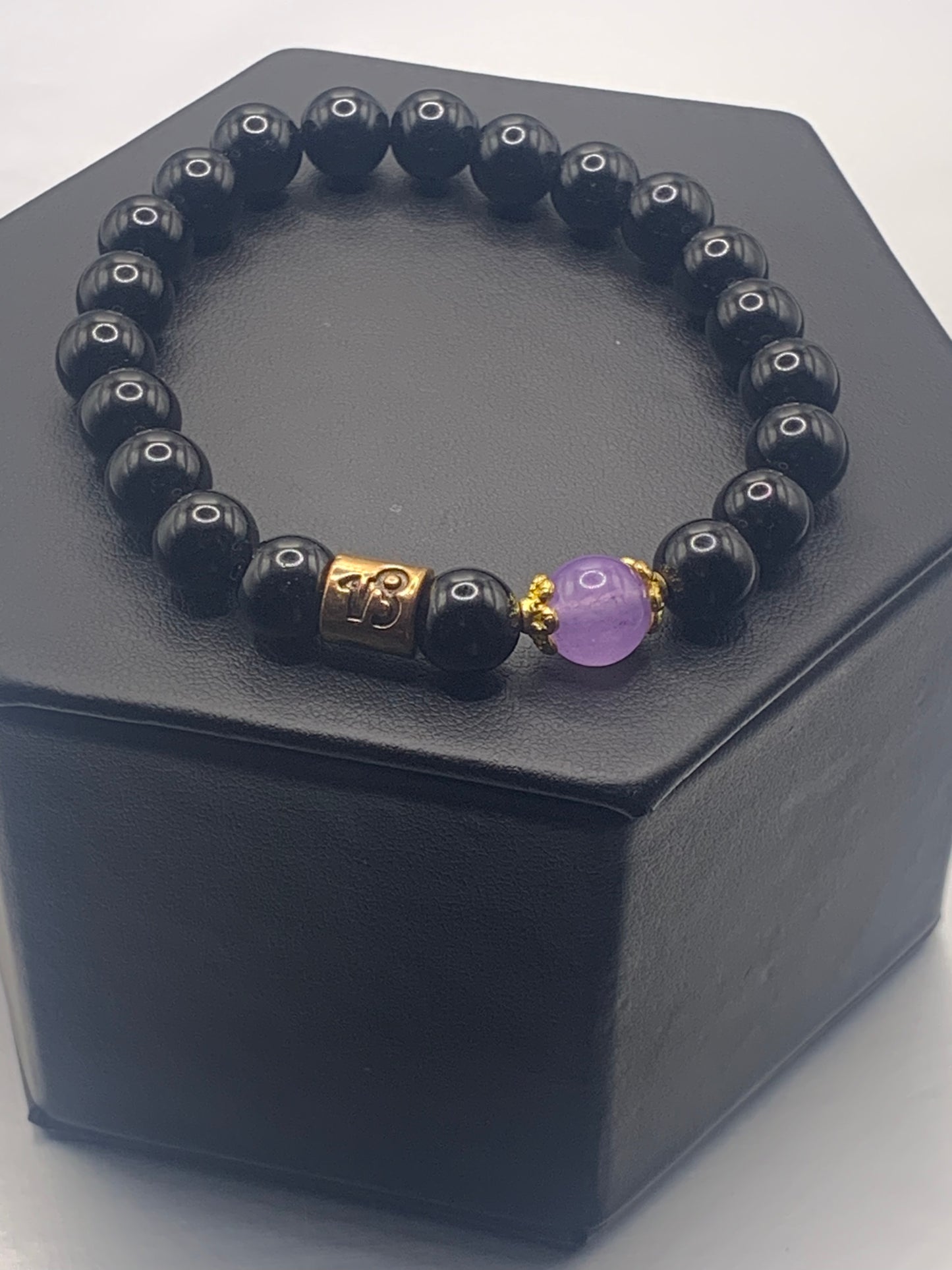 Capricorn Zodiac black obsidian with lavender agate elastic beaded bracelet with gold accents
