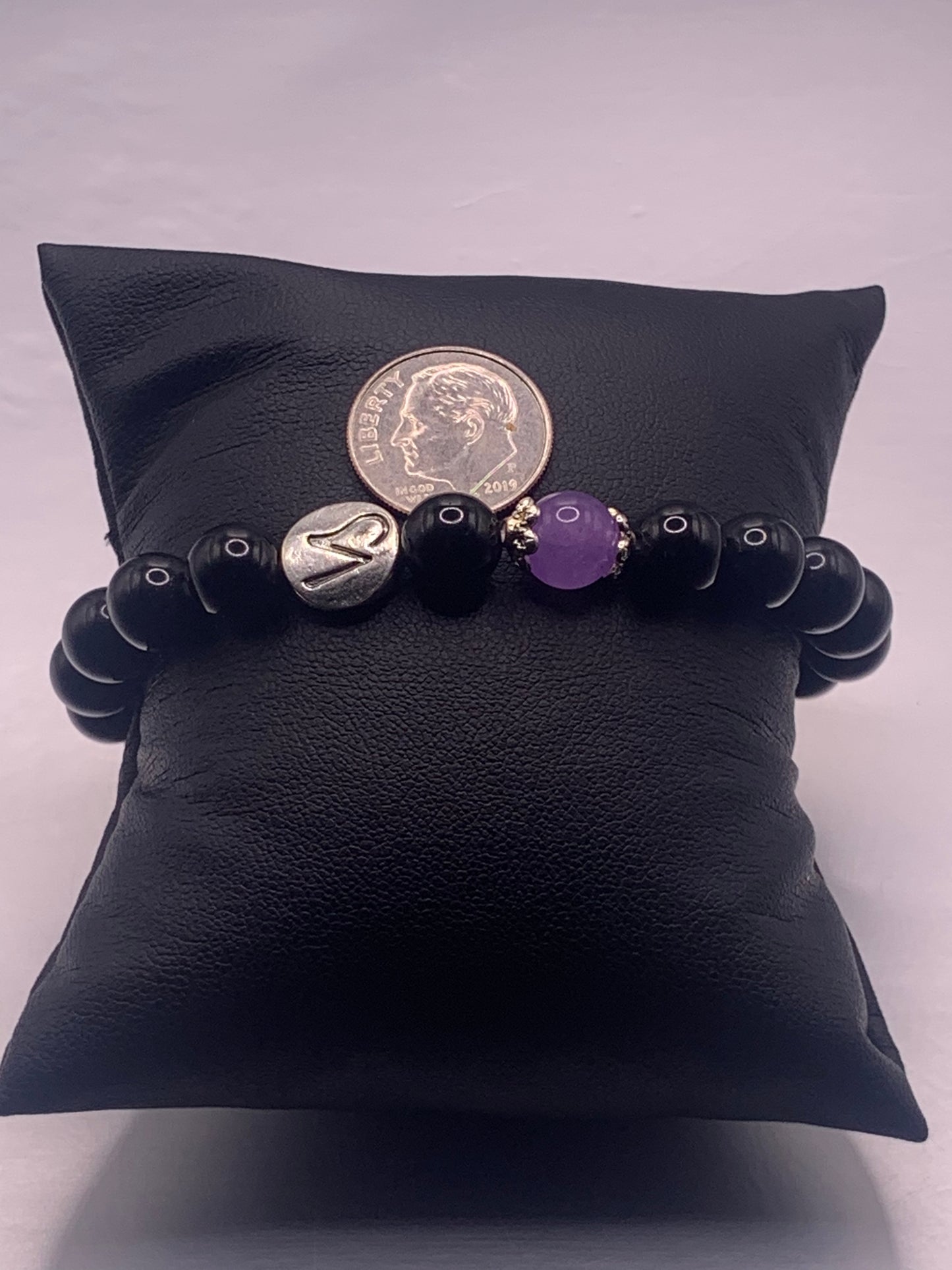 Capricorn Zodiac black obsidian with lavender agate elastic beaded bracelet with silver accents