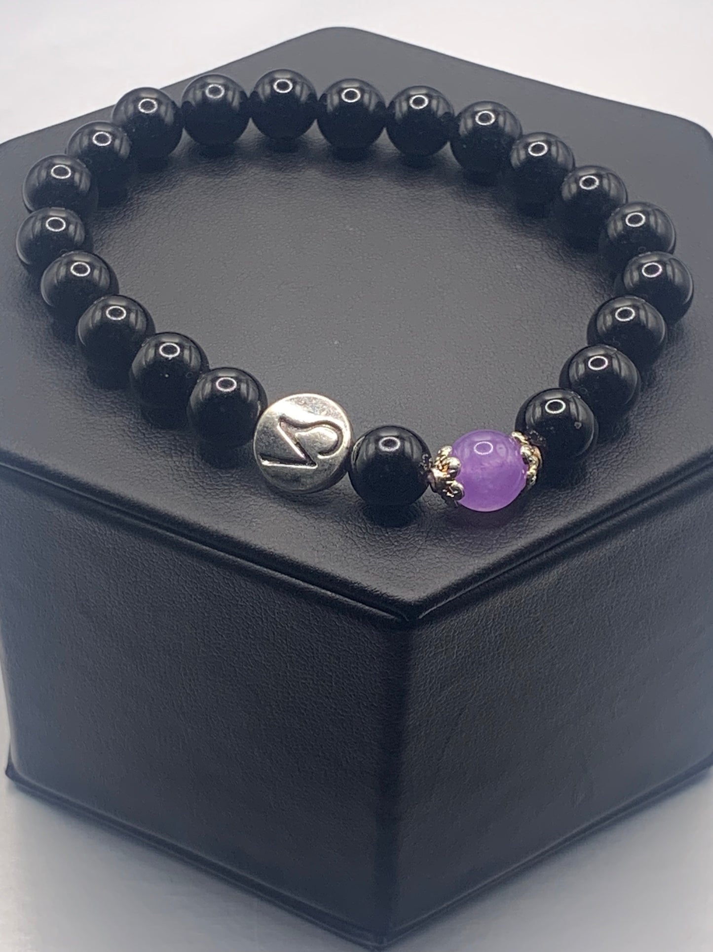 Capricorn Zodiac black obsidian with lavender agate elastic beaded bracelet with silver accents