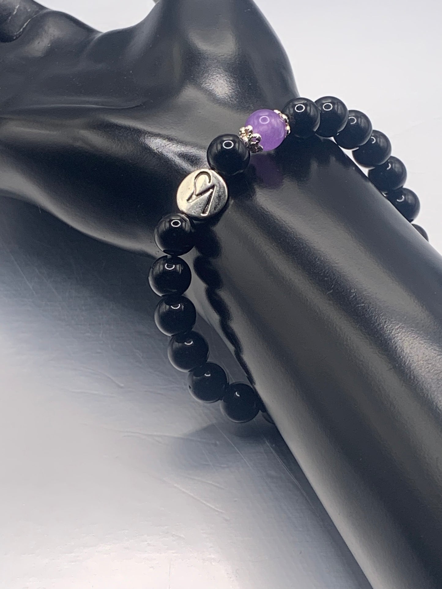 Capricorn Zodiac black obsidian with lavender agate elastic beaded bracelet with silver accents