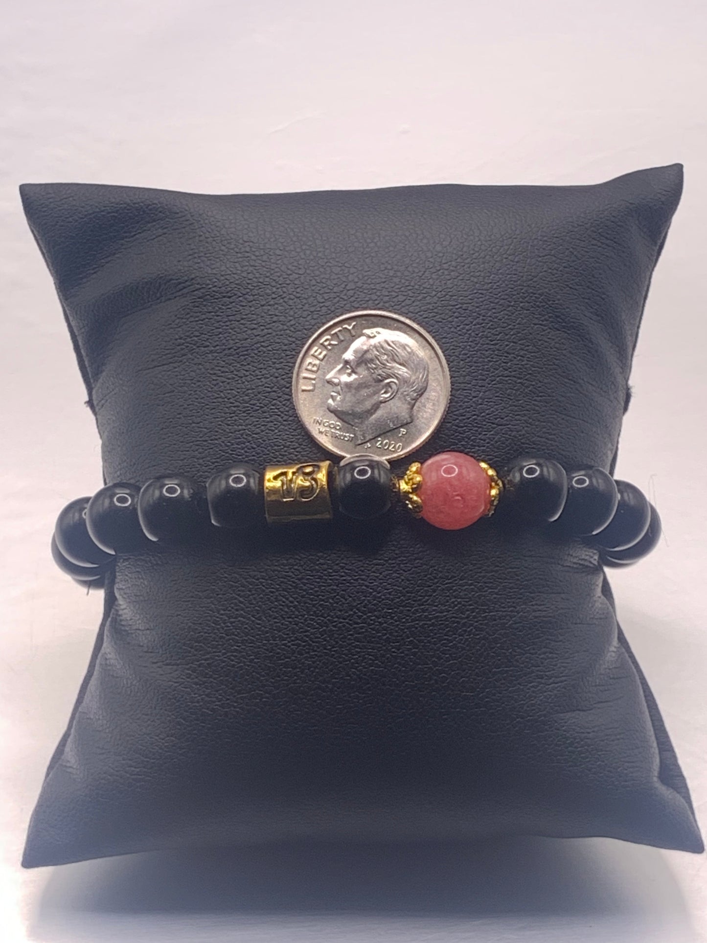 Capricorn Zodiac black obsidian with pink chalcedony elastic beaded bracelet with gold accents
