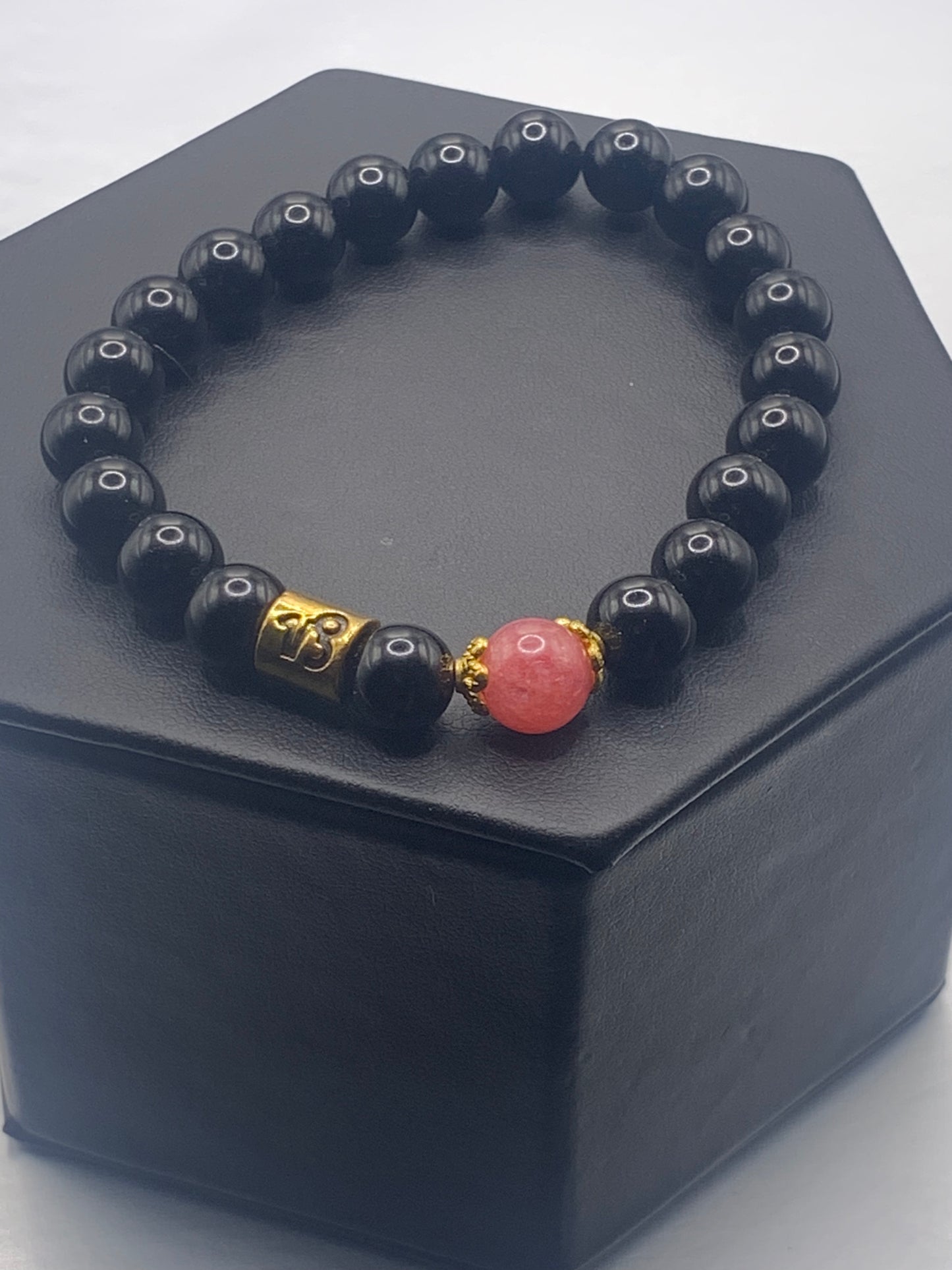 Capricorn Zodiac black obsidian with pink chalcedony elastic beaded bracelet with gold accents