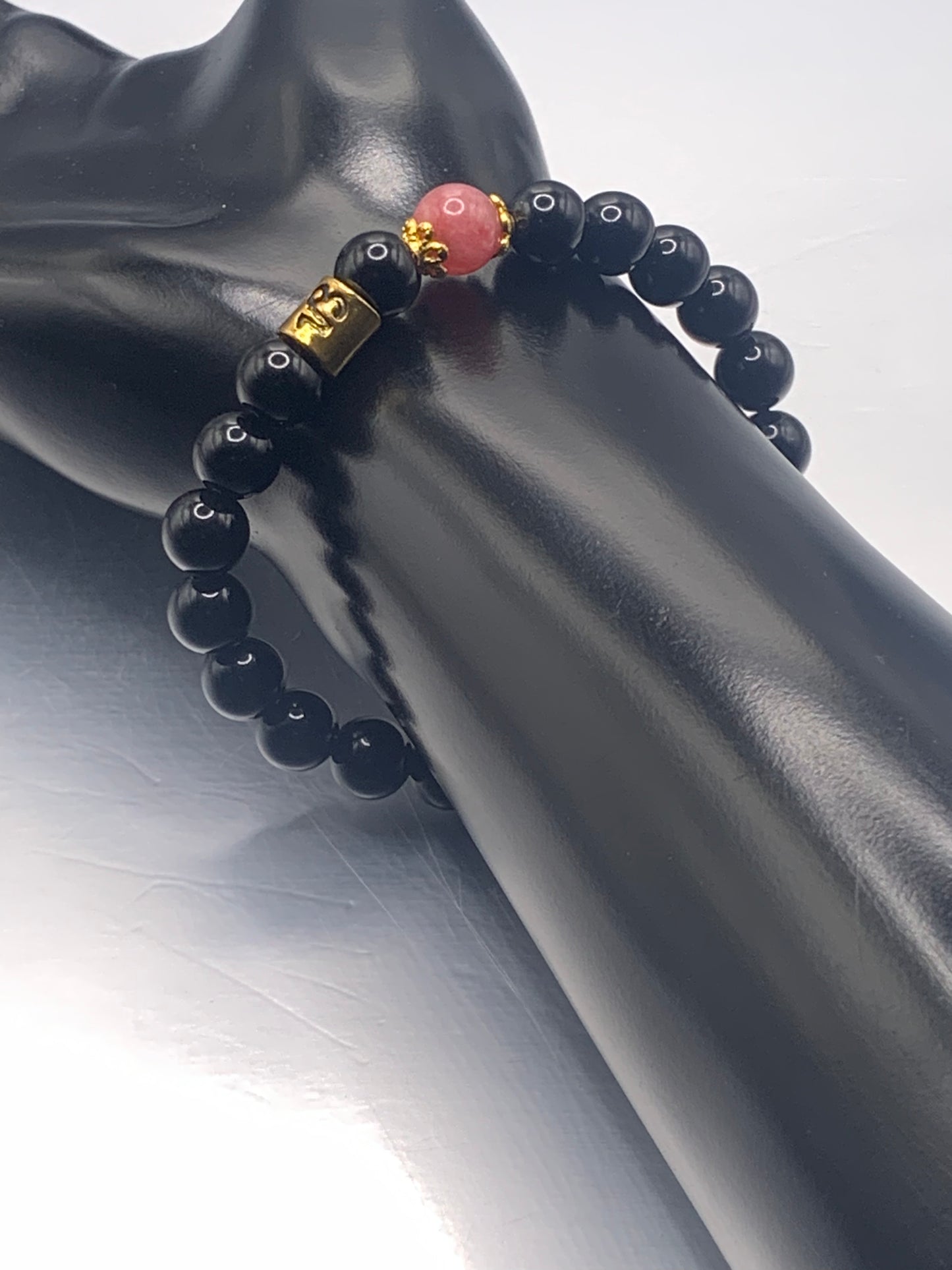 Capricorn Zodiac black obsidian with pink chalcedony elastic beaded bracelet with gold accents