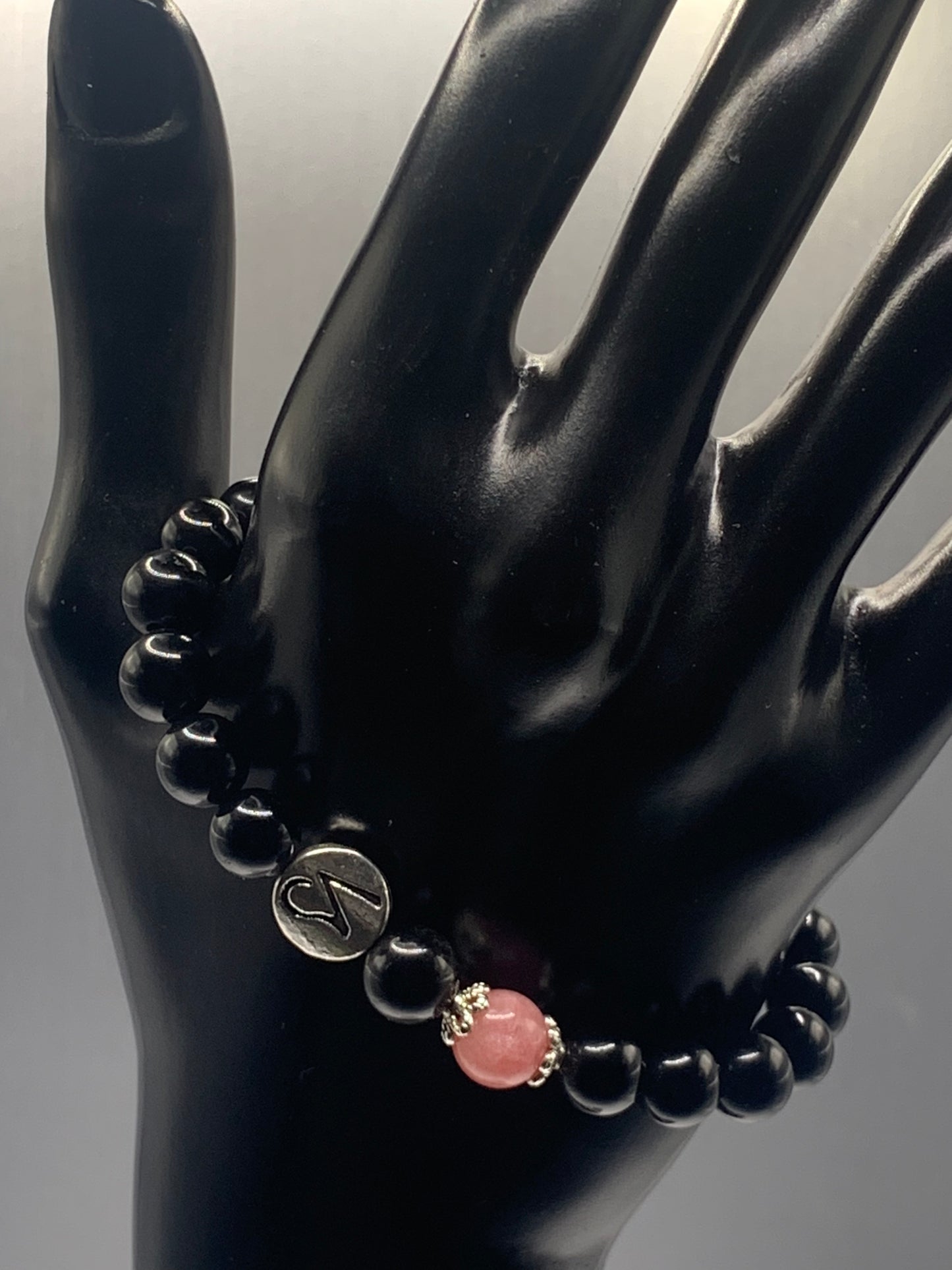 Capricorn Zodiac black obsidian with pink chalcedony elastic beaded bracelet with silver accents