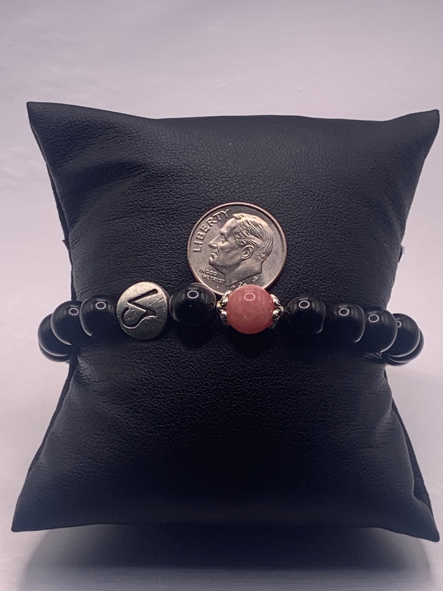 Capricorn Zodiac black obsidian with pink chalcedony elastic beaded bracelet with silver accents