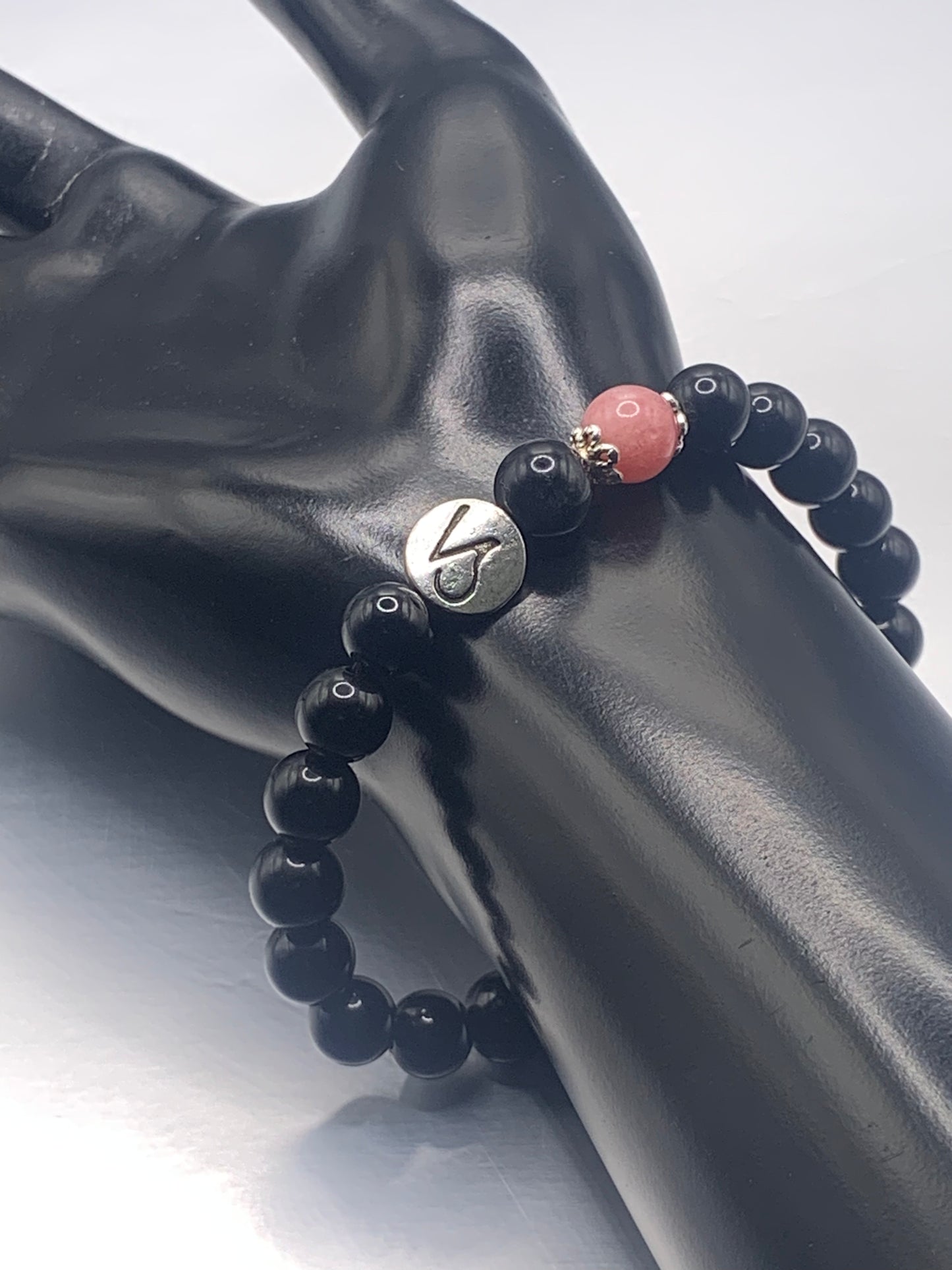 Capricorn Zodiac black obsidian with pink chalcedony elastic beaded bracelet with silver accents