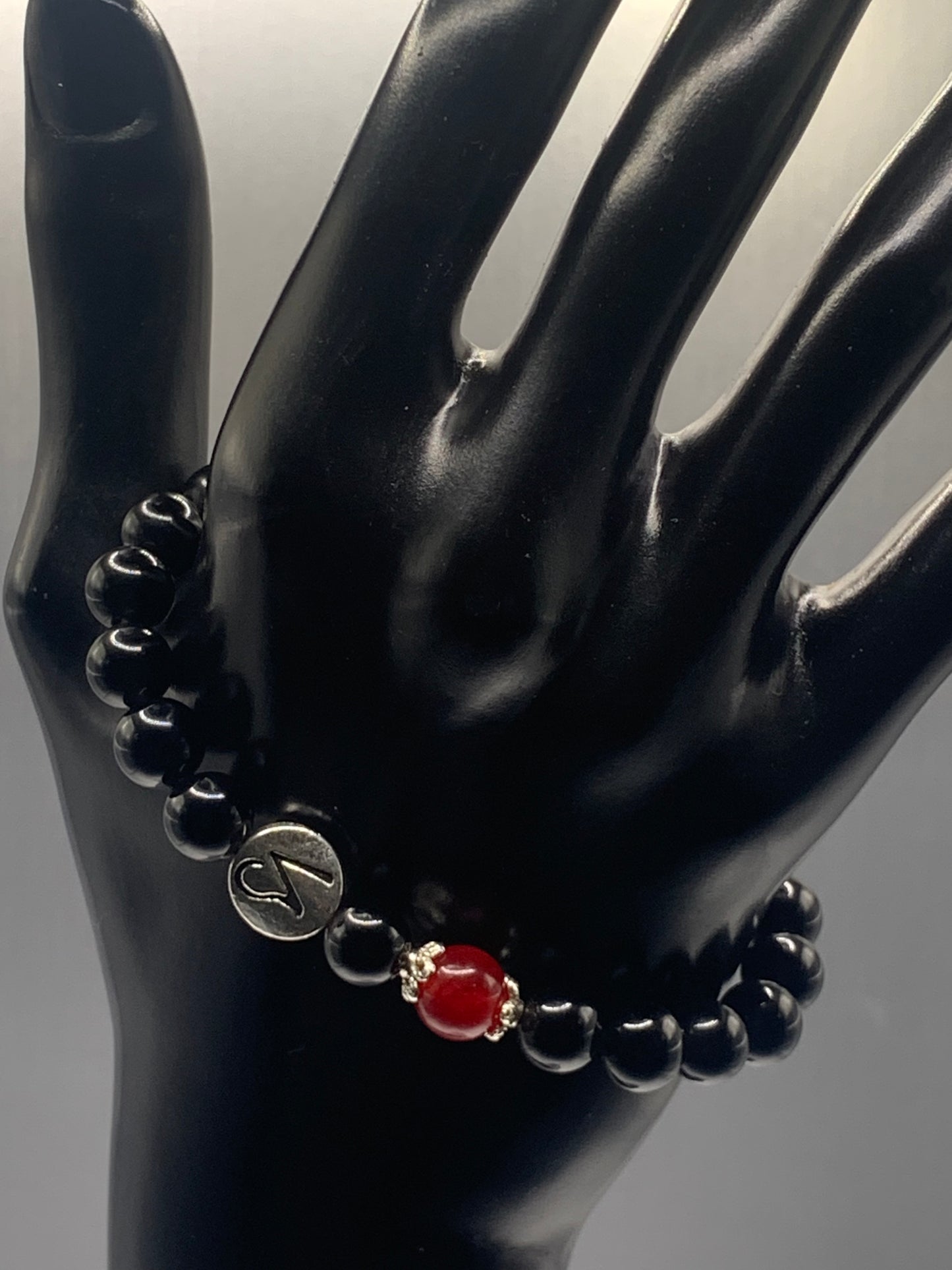 Capricorn Zodiac black obsidian with red chalcedony elastic beaded bracelet with silver accents