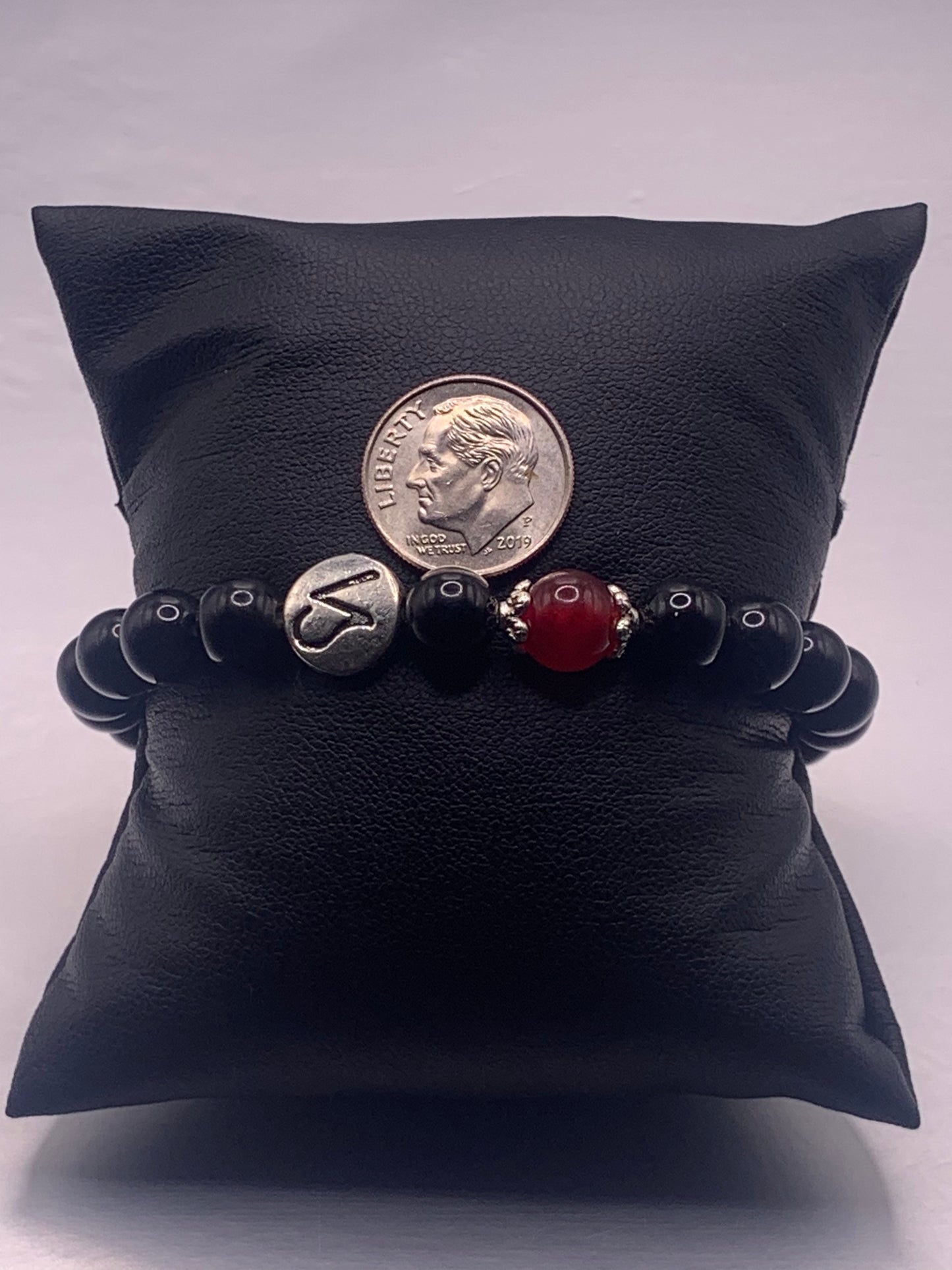 Capricorn Zodiac black obsidian with red chalcedony elastic beaded bracelet with silver accents