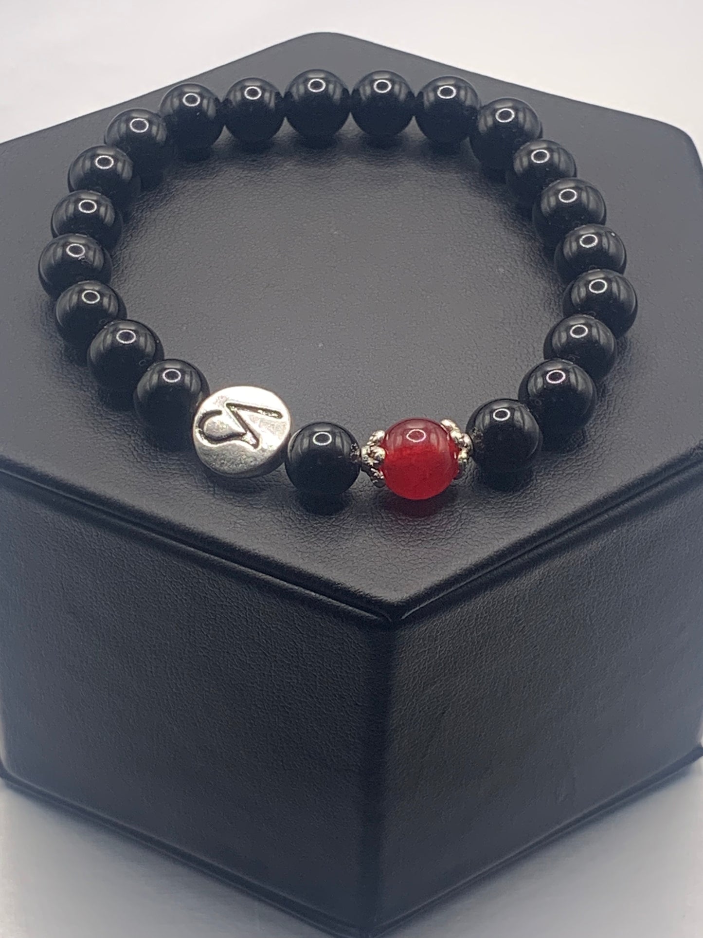 Capricorn Zodiac black obsidian with red chalcedony elastic beaded bracelet with silver accents