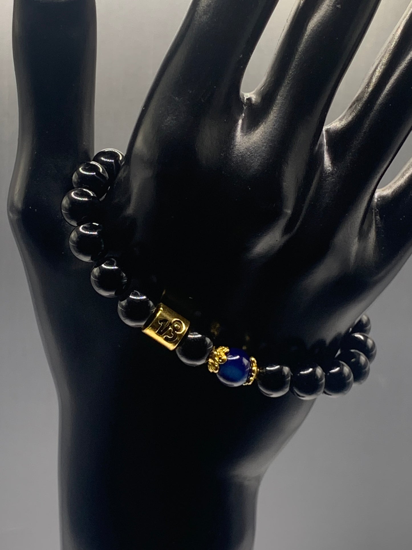 Capricorn Zodiac black obsidian with blue lace agate elastic beaded bracelet with gold accents