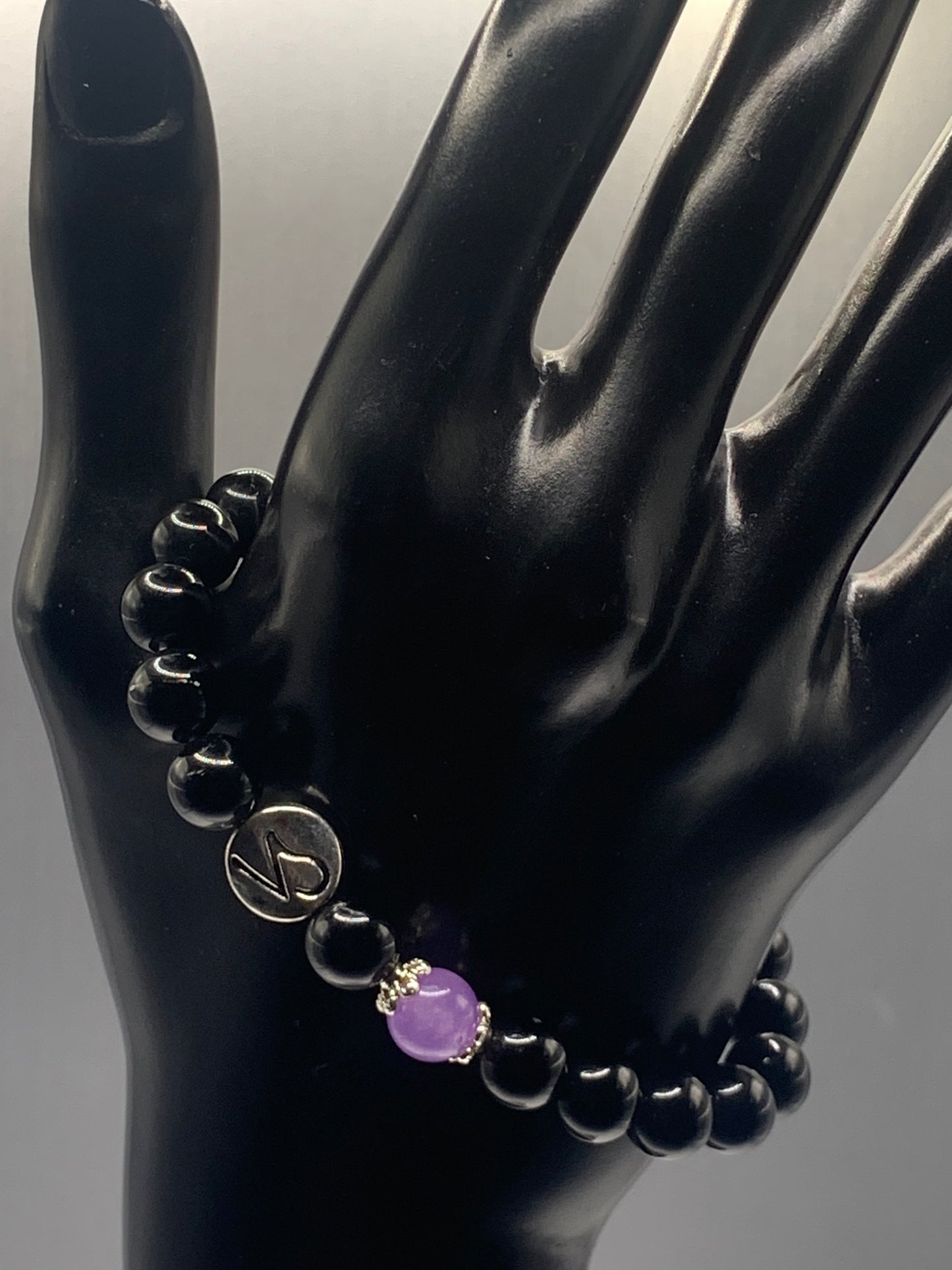 Capricorn Zodiac black obsidian with lavender agate elastic beaded bracelet with silver accents