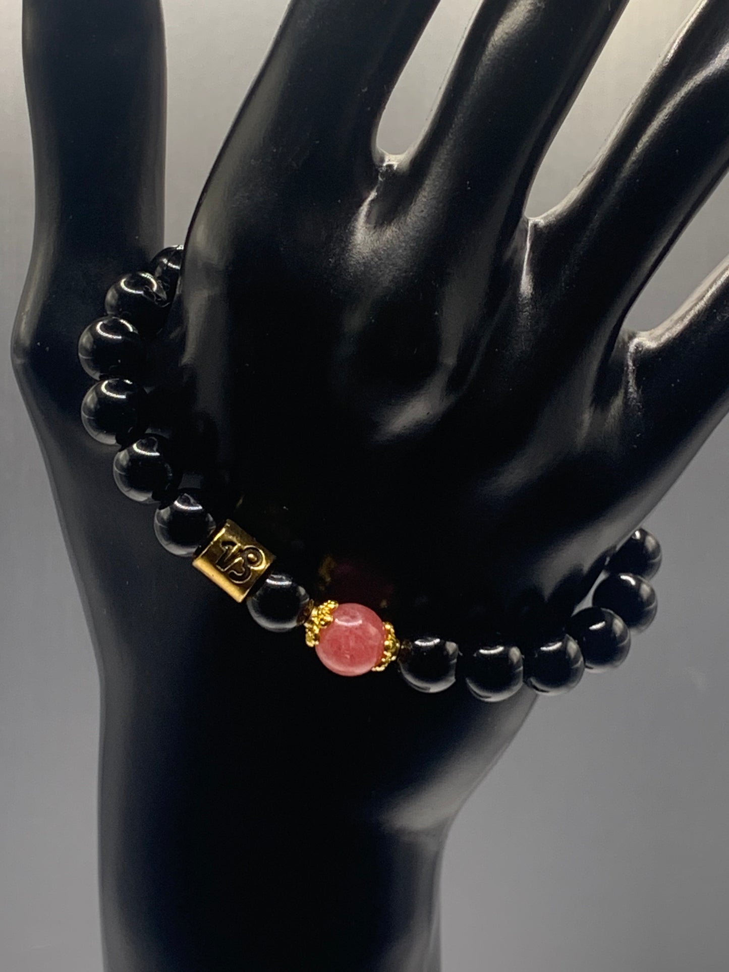 Capricorn Zodiac black obsidian with pink chalcedony elastic beaded bracelet with gold accents