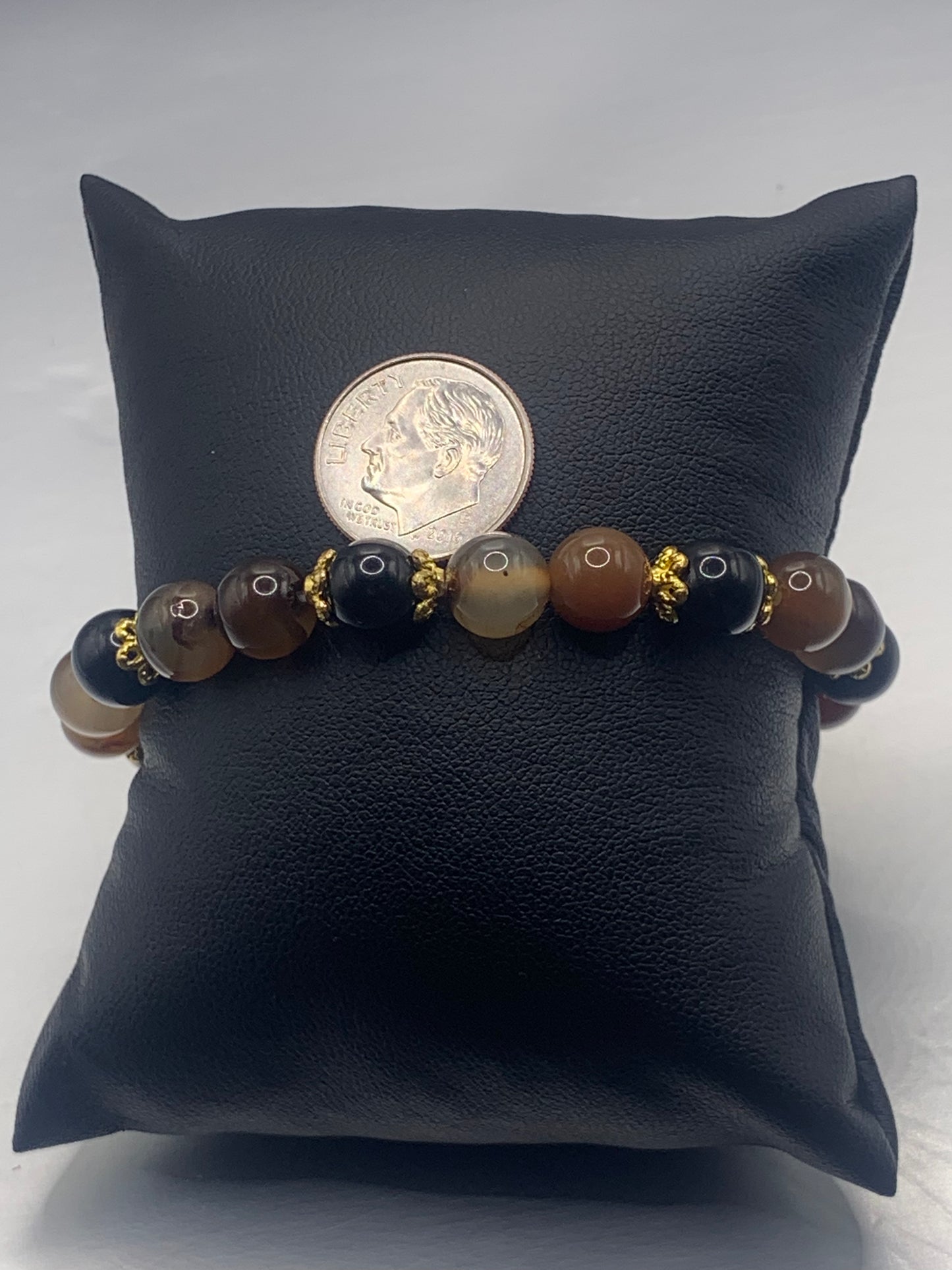 Black obsidian with coffee agate semi precious stone/crystal beaded elastic bracelet with gold plated flower bead caps