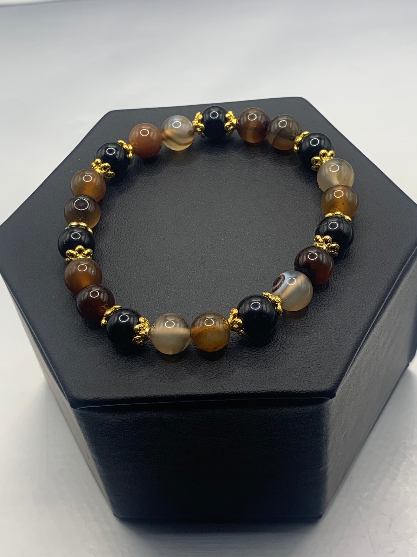 Black obsidian with coffee agate semi precious stone/crystal beaded elastic bracelet with gold plated flower bead caps