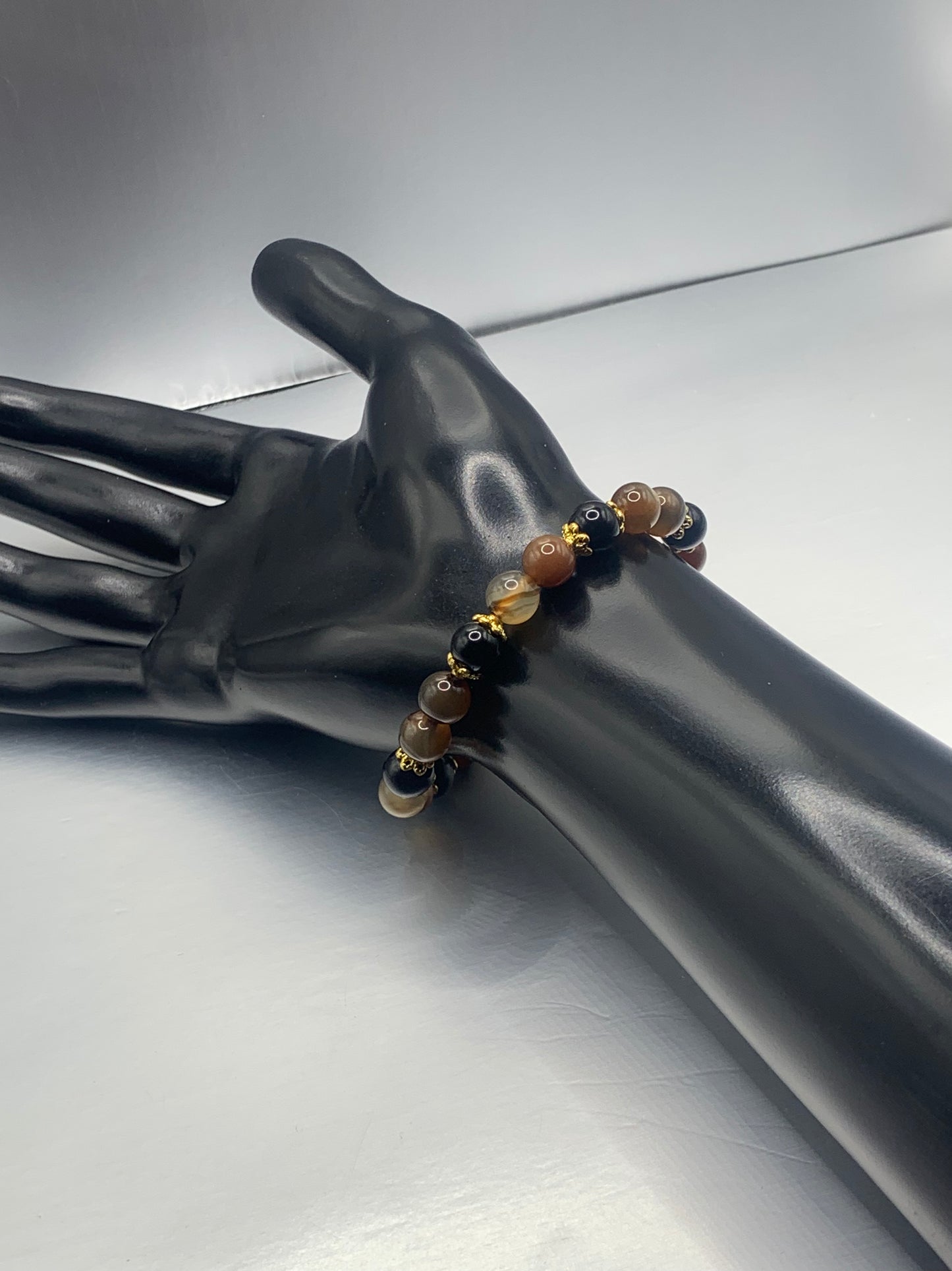 Black obsidian with coffee agate semi precious stone/crystal beaded elastic bracelet with gold plated flower bead caps