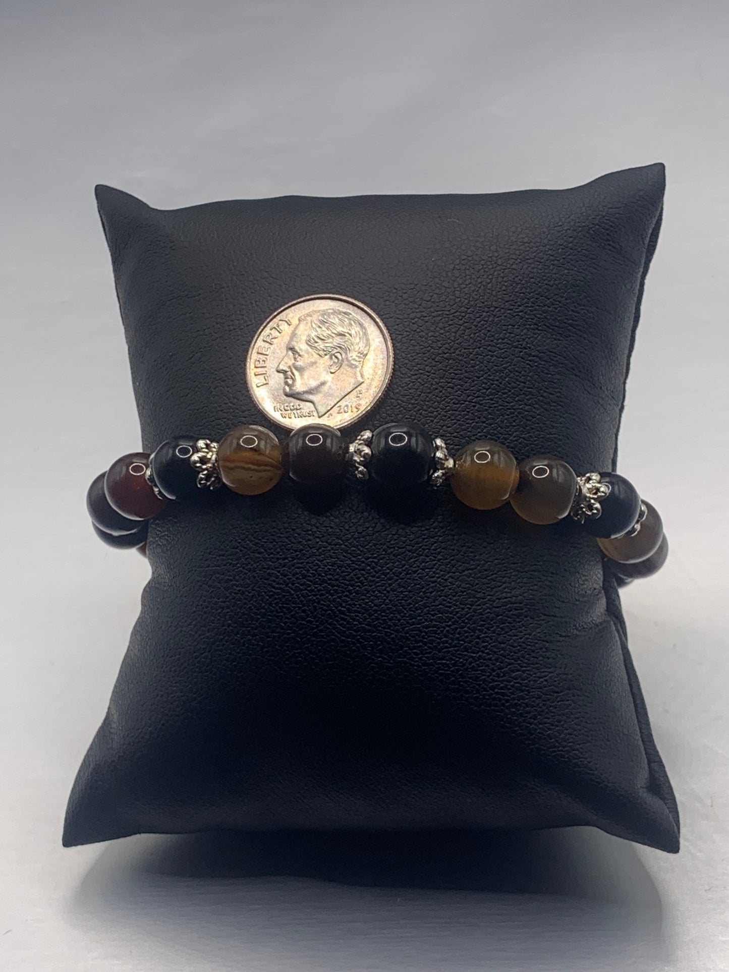 Black obsidian with coffee agate semi precious stone/crystal beaded elastic bracelet with silver plated flower bead caps