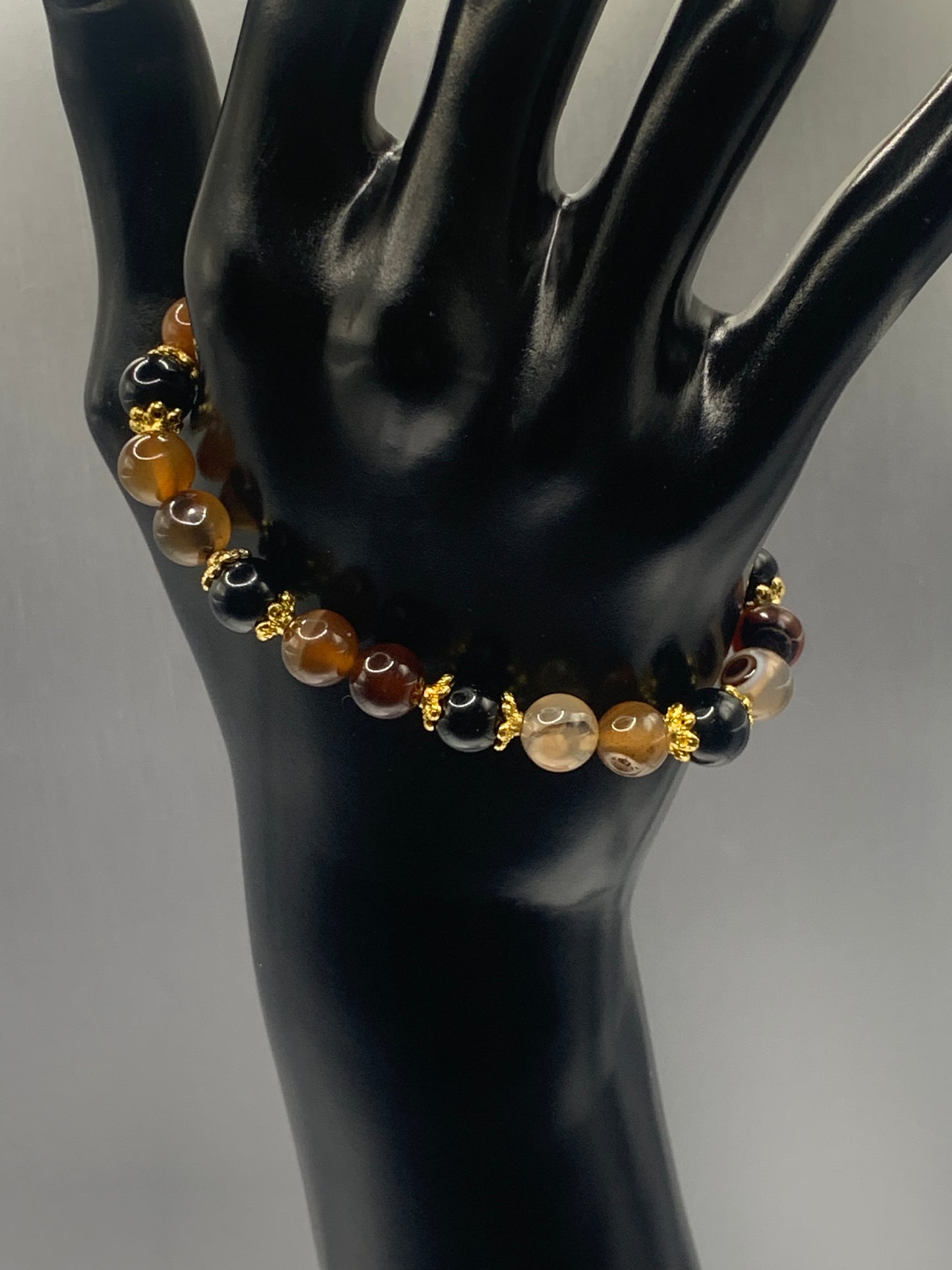 Black obsidian with coffee agate semi precious stone/crystal beaded elastic bracelet with gold plated flower bead caps