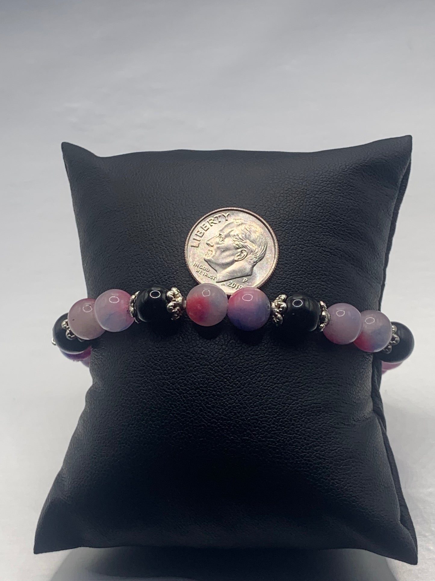 Black obsidian with blue pink chalcedony semi precious stone/crystal beaded elastic bracelet with silver plated flower bead caps