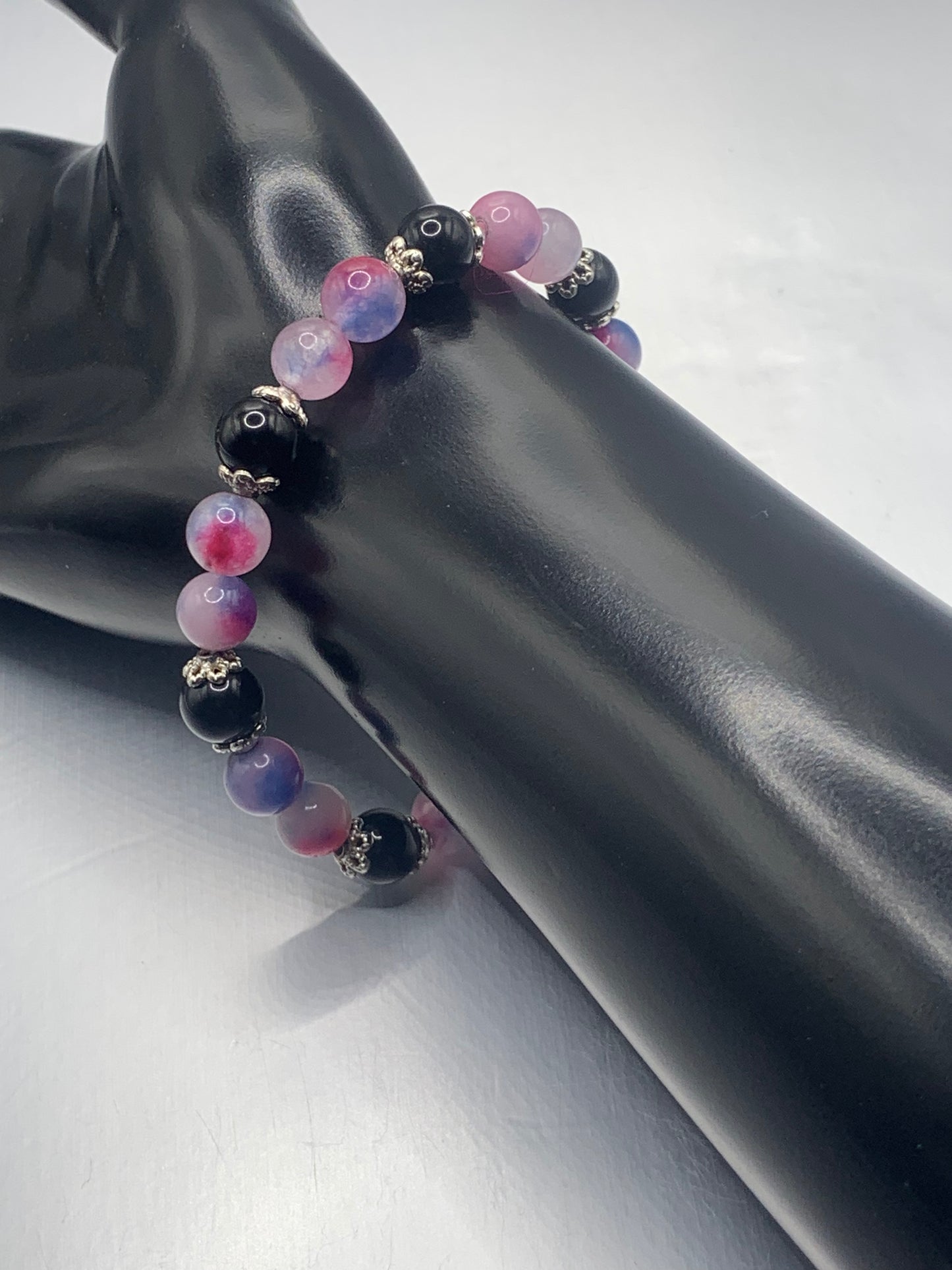 Black obsidian with blue pink chalcedony semi precious stone/crystal beaded elastic bracelet with silver plated flower bead caps