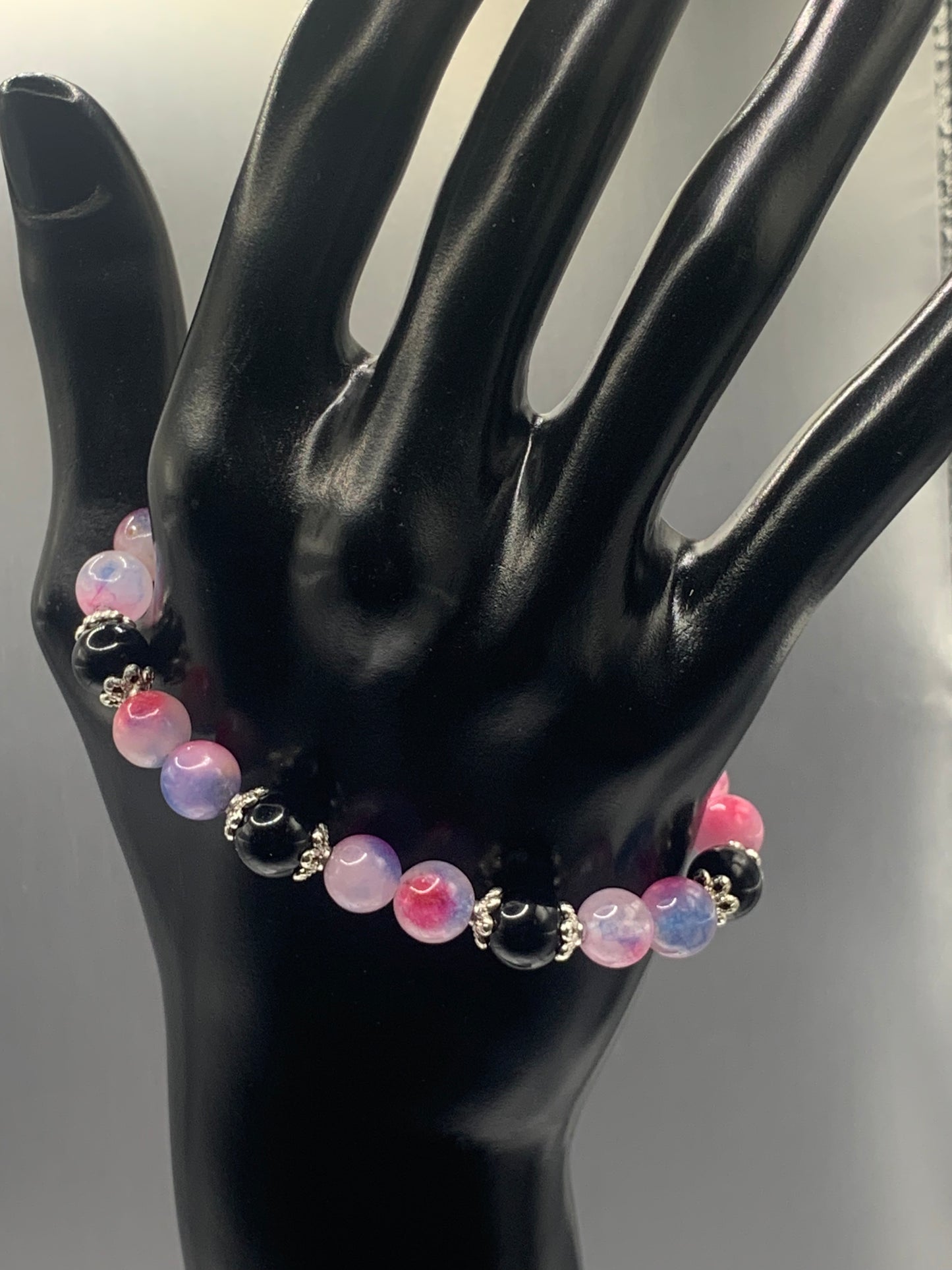 Black obsidian with blue pink chalcedony semi precious stone/crystal beaded elastic bracelet with silver plated flower bead caps